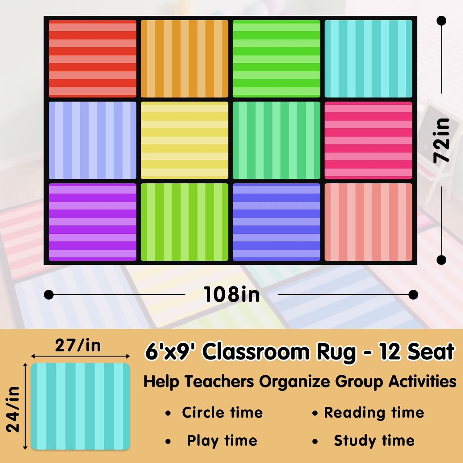 12-Seat Color Striped Classroom Rug 6x9 for Preschool Elementary Daycare
