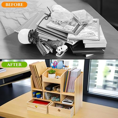 Miniatura 4 de Organizador de escritorio de madera con cajones, organizador de accesorios de oficina para encimera con 10 compartimentos, caja de almacenamiento