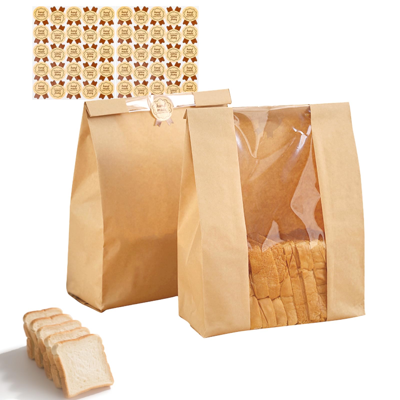 Hniuyun 13.7In-50P 50 Pcs Kraft Paper Bread Bags With Window For Homemade Sourdough, Cookies & Snacks - Bakery Storage (35X21x9cm) Includes 50 Stickers