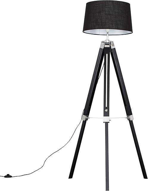 MiniSun Modern Black Wood and Silver Chrome Tripod Floor Lamp with a Black Tapered Shade - Complete with a 6w LED GLS Bulb [3000K Warm White]