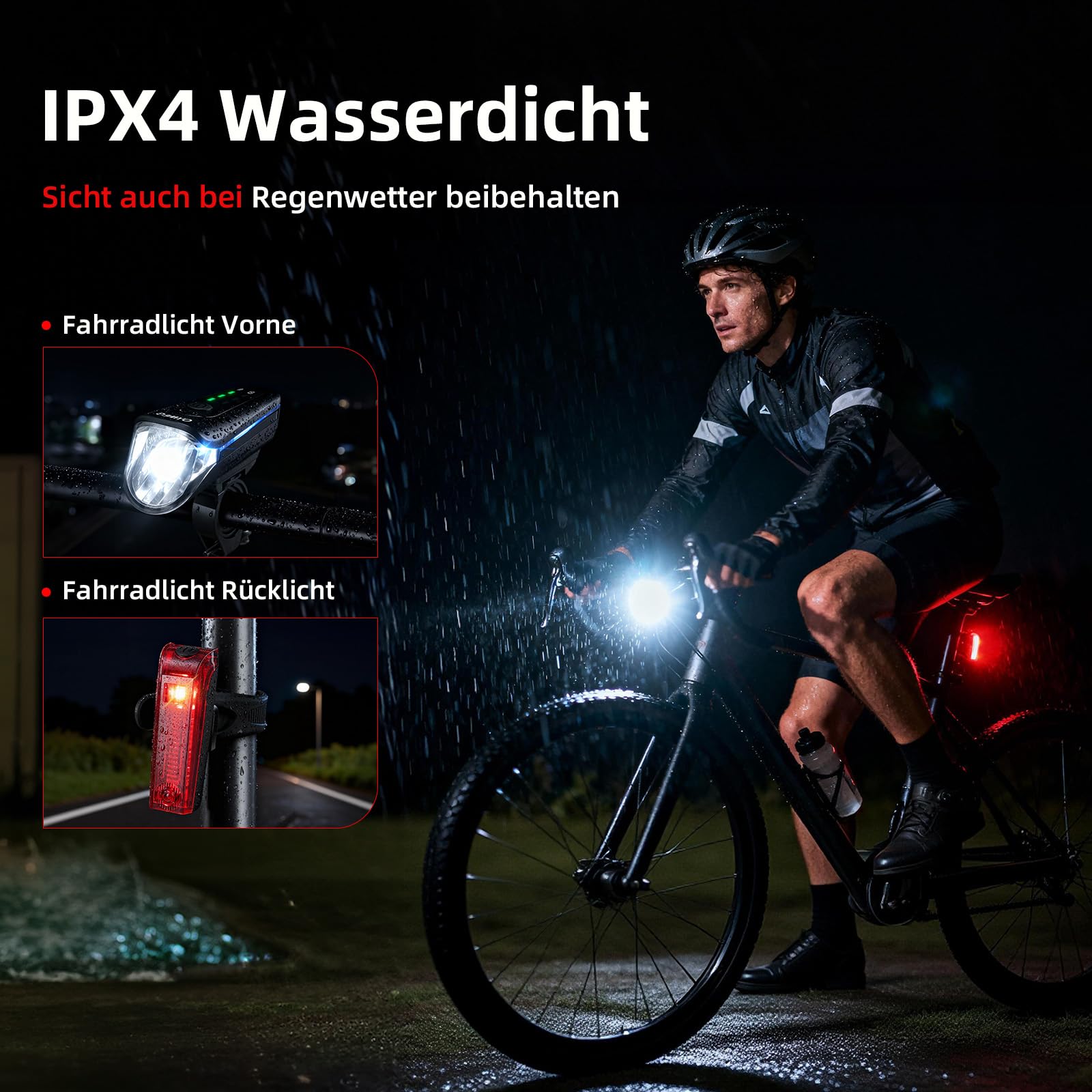 Fahrradlicht Set StVZO zugelassen, 100 Lux Frontlicht mit Auto-Modus, Rücklicht mit Bremslicht blinkend, USB-C aufladbar, Akkuanzeige, IPX4 spritzwassergeschützt, einfache Montage