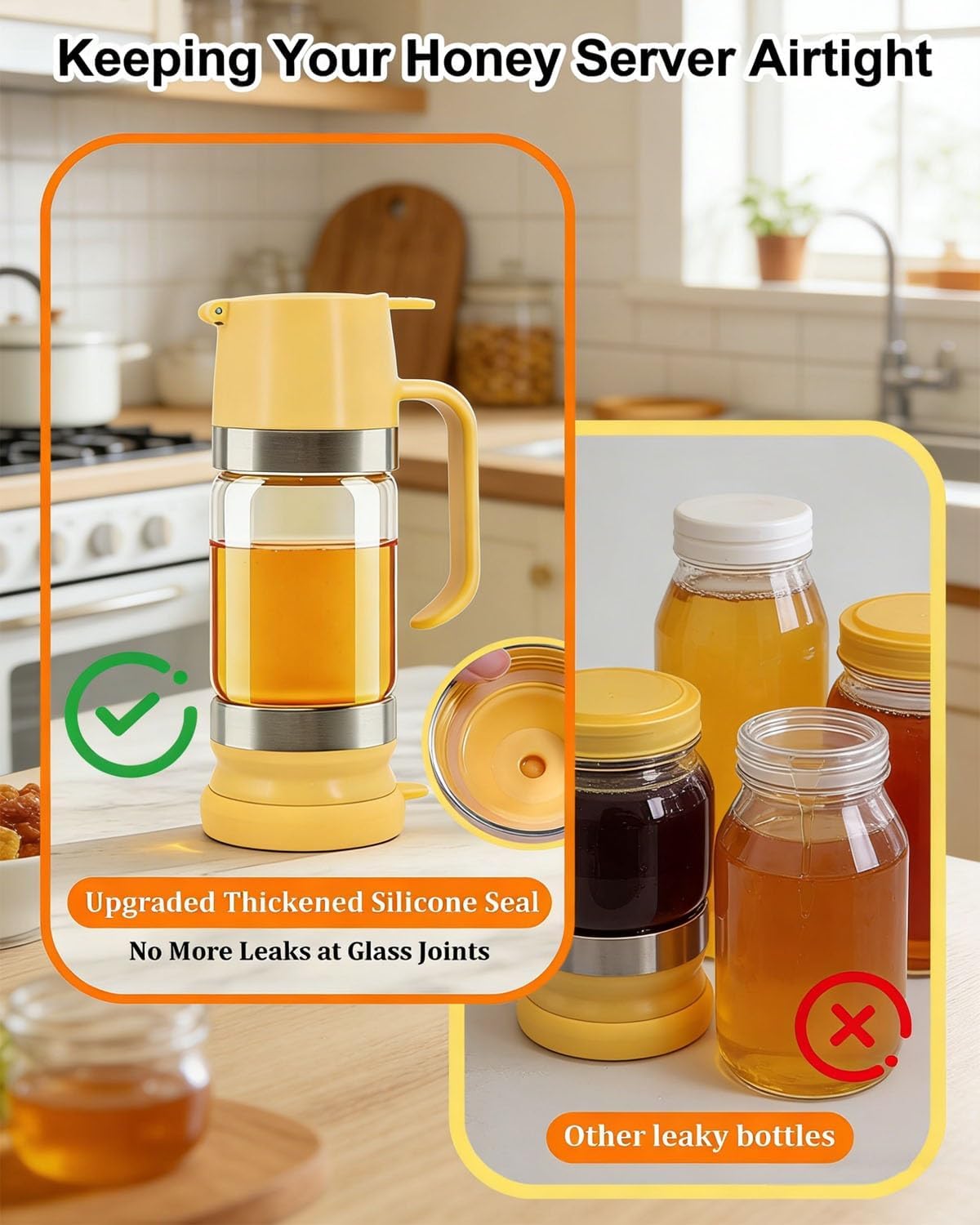 Honey Dispenser No Drip 2026 Upgraded Glass Honey Pot Jar with Stand Handle & Silicone Base 12oz Mess Free Maple Syrup Container Pump Dipper One Press Lever Spout Kitchen Tool for Pancake