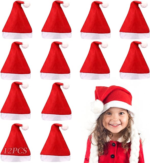 Santa Hats 12 Pack Santa Hats Bulk, Christmas Hats, Classic Comfortable For Your Little One,Santa Hats for New Year Christmas Holiday Festival Party Supplies
