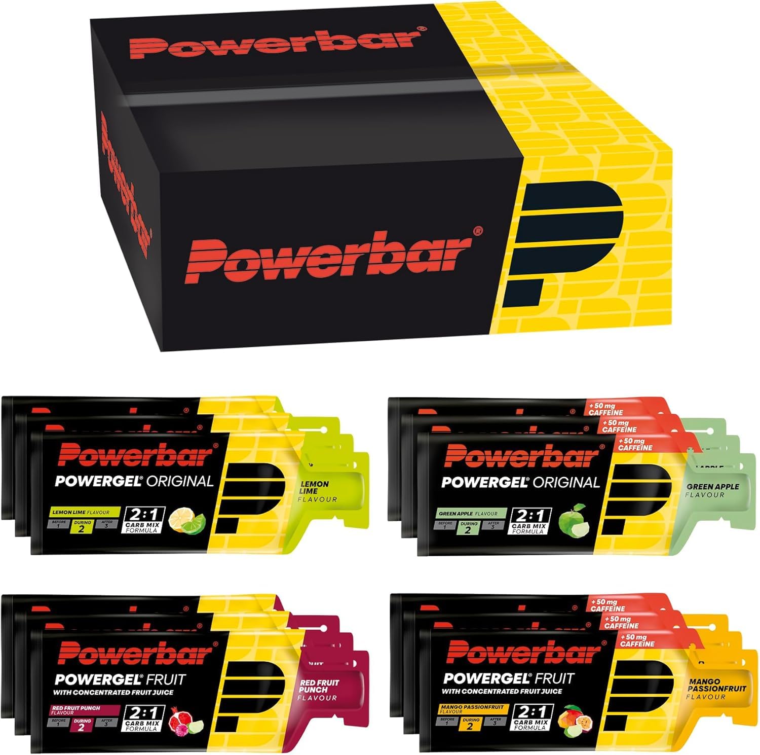 PowerbarPowerGel Multiflavour Box - 12x41g - High Carb Energy Gels - 2:1 Carbohydrate Ratio - Sodium