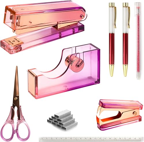 Creechwa Kit de accesorios de escritorio acrílico rojo y morado juego de 9 grapadoras de escritorio suministros de oficina para mujer con