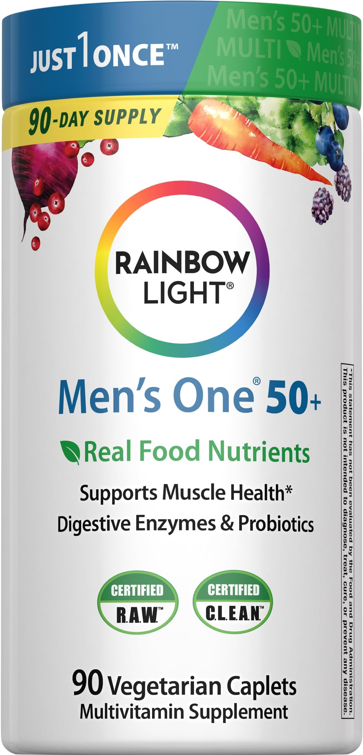 Mens Multivitamin One + for 50 Plus | 90 Caplets | Supports Muscle Health | with Vitamins C, D, and Zinc | Real Food Nutrients, Digestive Enzymes & Probiotics