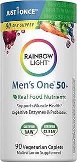 Rainbow Light Mens Multivitamin One + for 50 Plus | 90 Caplets | Supports Muscle Health | with Vitamins C, D, and Zinc | Real Food Nutrients, Digestive Enzymes & Probiotics