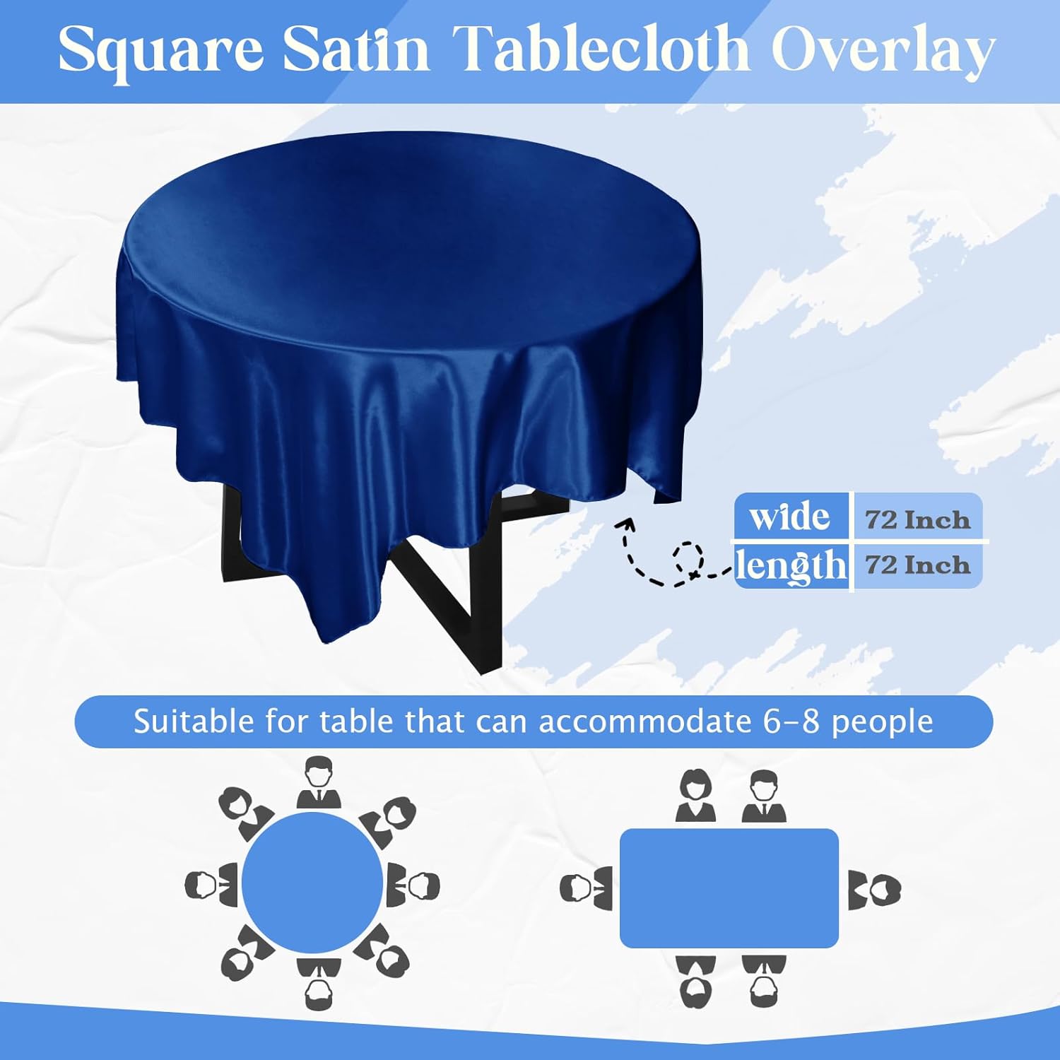 72 Inch Satin Square Tablecloth Overlay, 6 Pcs Royal Blue Square Tablecloth Cover, Wrinkle-Free Table Cover, Stain-Resistant Fabric for Party, Wedding, Banquet Table Decoration