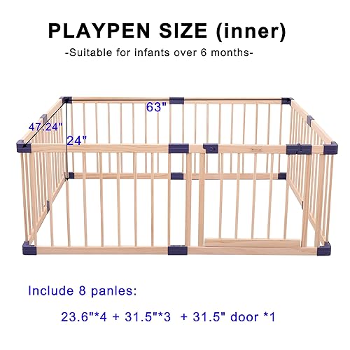 Miniatura 9 de Corralito de madera para bebés y niños pequeños, parque infantil interior y exterior, centro de actividades para niños con base antideslizante,