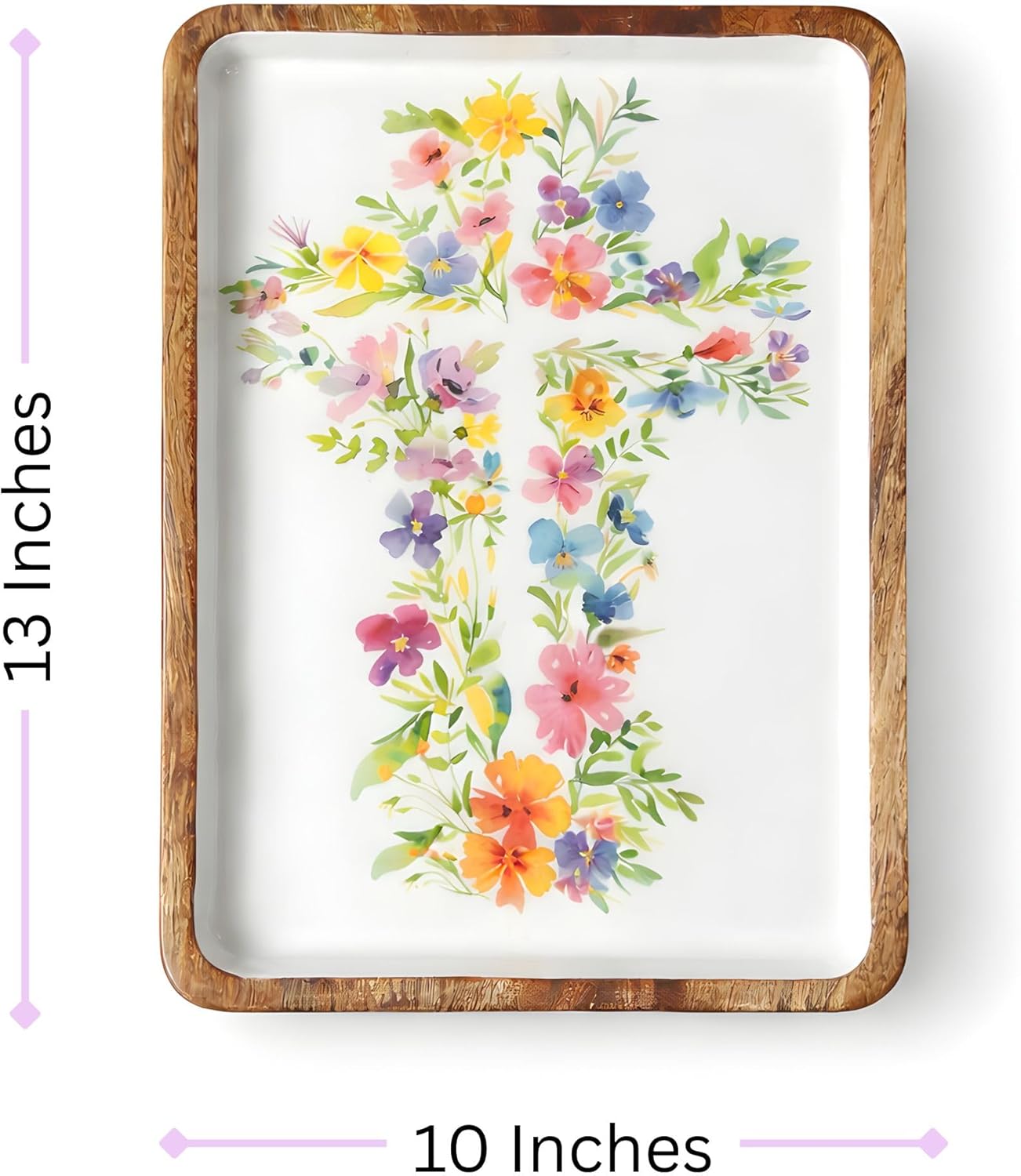 10 x 13 Inch Mango Wood Easter Serving Tray, Bunny or Cross Spring Charcuterie Board, Food Safe Decorative Wood Tray, Easter Decor, Spring Hostess Gift (Floral Cross)