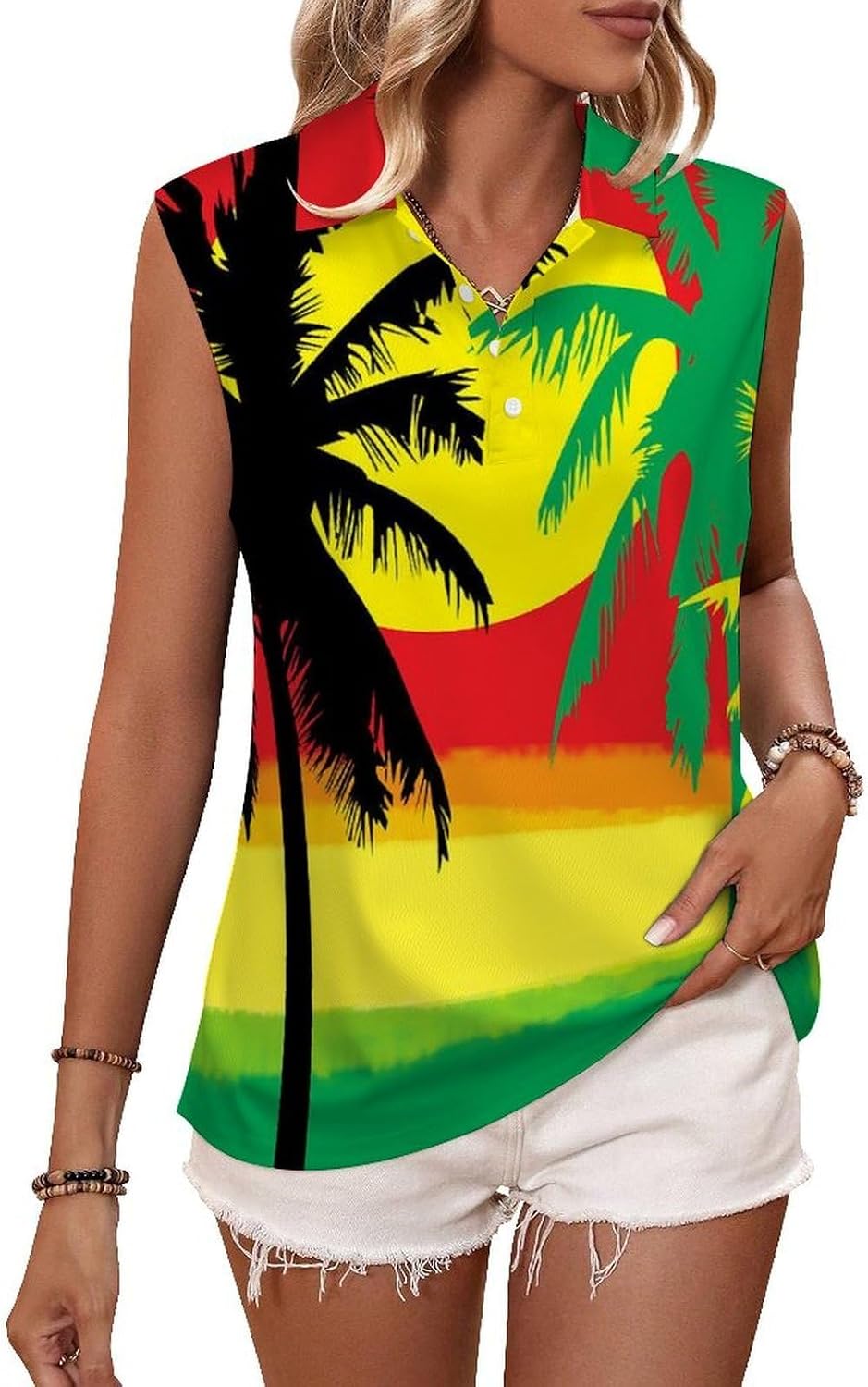 Palm Trees in Jamaica Colors Women's Golf Shirt Sleeveless Polo Shirts Tank Tops Blouses Tennis T-Shirts Casual