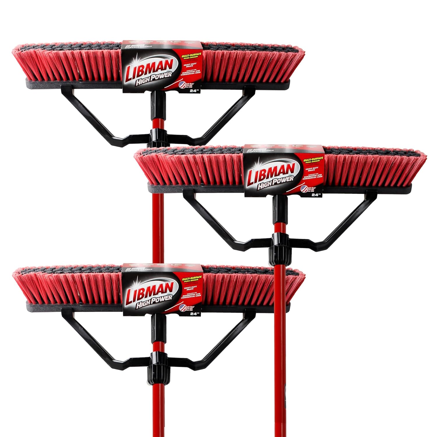 (Incomplete) Libman Commercial 823 Multi-Surface Push Broom, Steel Handle, 24\" Wide Sweep, Red & Black (Pack of 3)