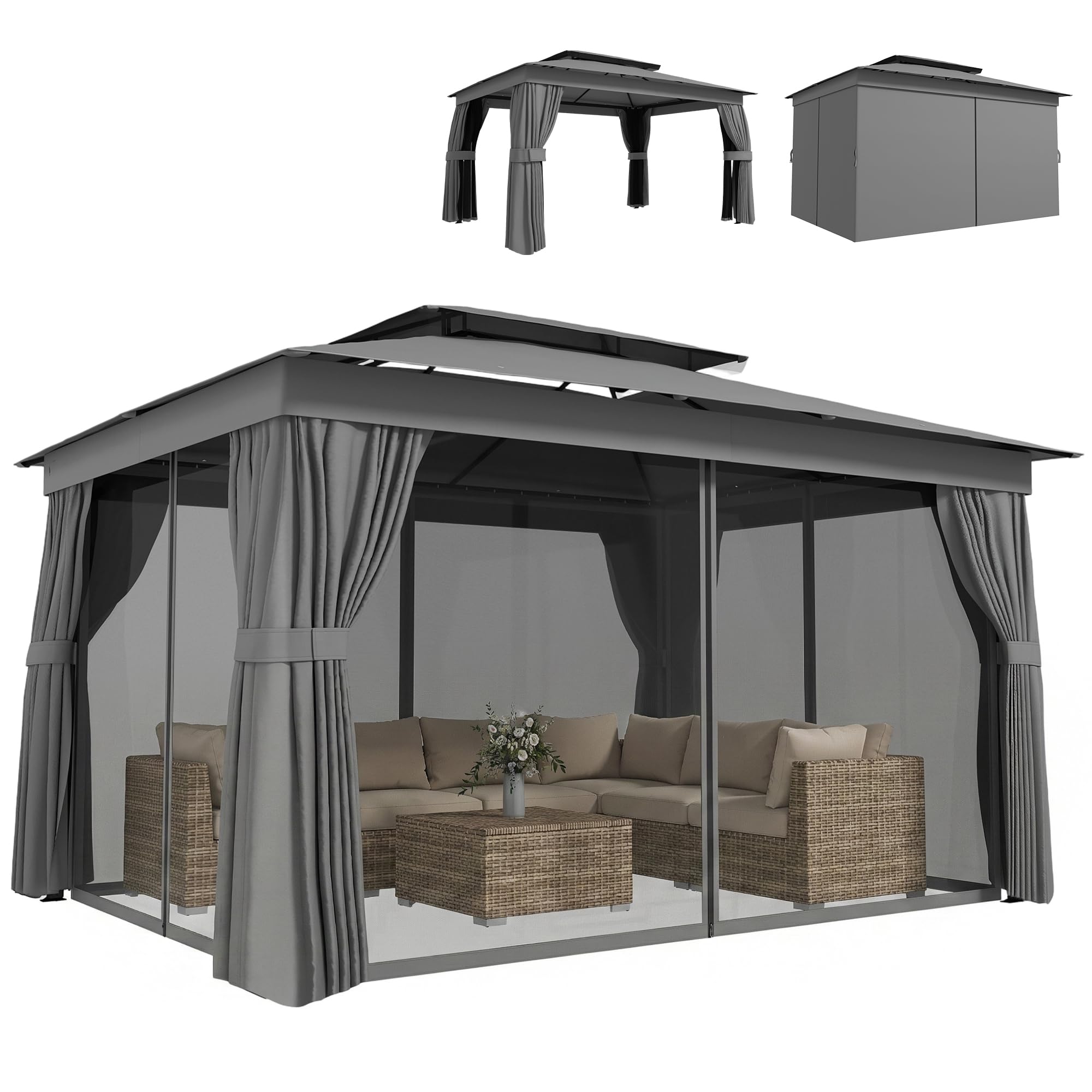 Outsunny Gazebo da Giardino 3.8x3 m con Tende e Zanzariera Grigio Scuro | Ganci, Doppio Tetto con Fori di Drenaggio, Struttura Metallica, per Feste Terrazzo Patio Giardino, UV30+
