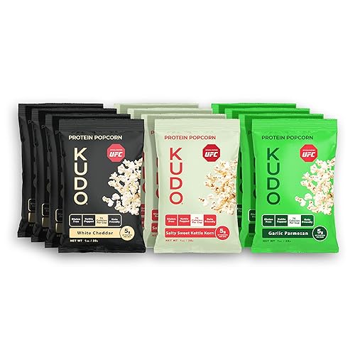 KUDO Palomitas de maíz proteicas, paquete variado de 12 unidades, 0.18 onzas de proteína por bolsa, 100% grano entero y bocadillos saludables sin