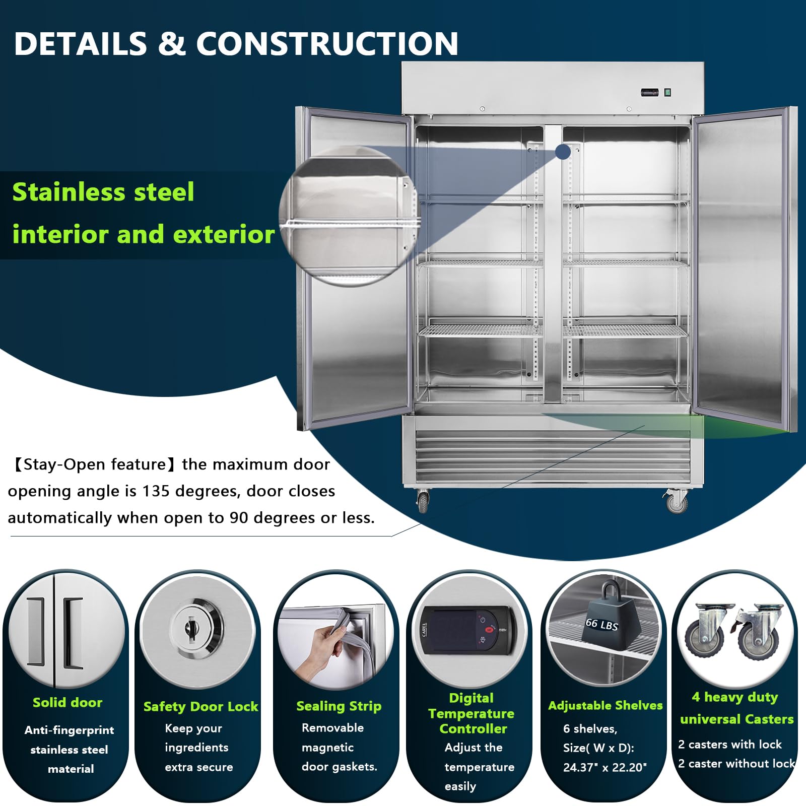 SinolinK 54" W Commercial Refrigerators, 2 Solid Door Stainless Steel Upright Commercial Freezer, Commercial Fridge 42.2 Cu.ft Fan Cooling for Restaurants & Food Service on Fridge.com