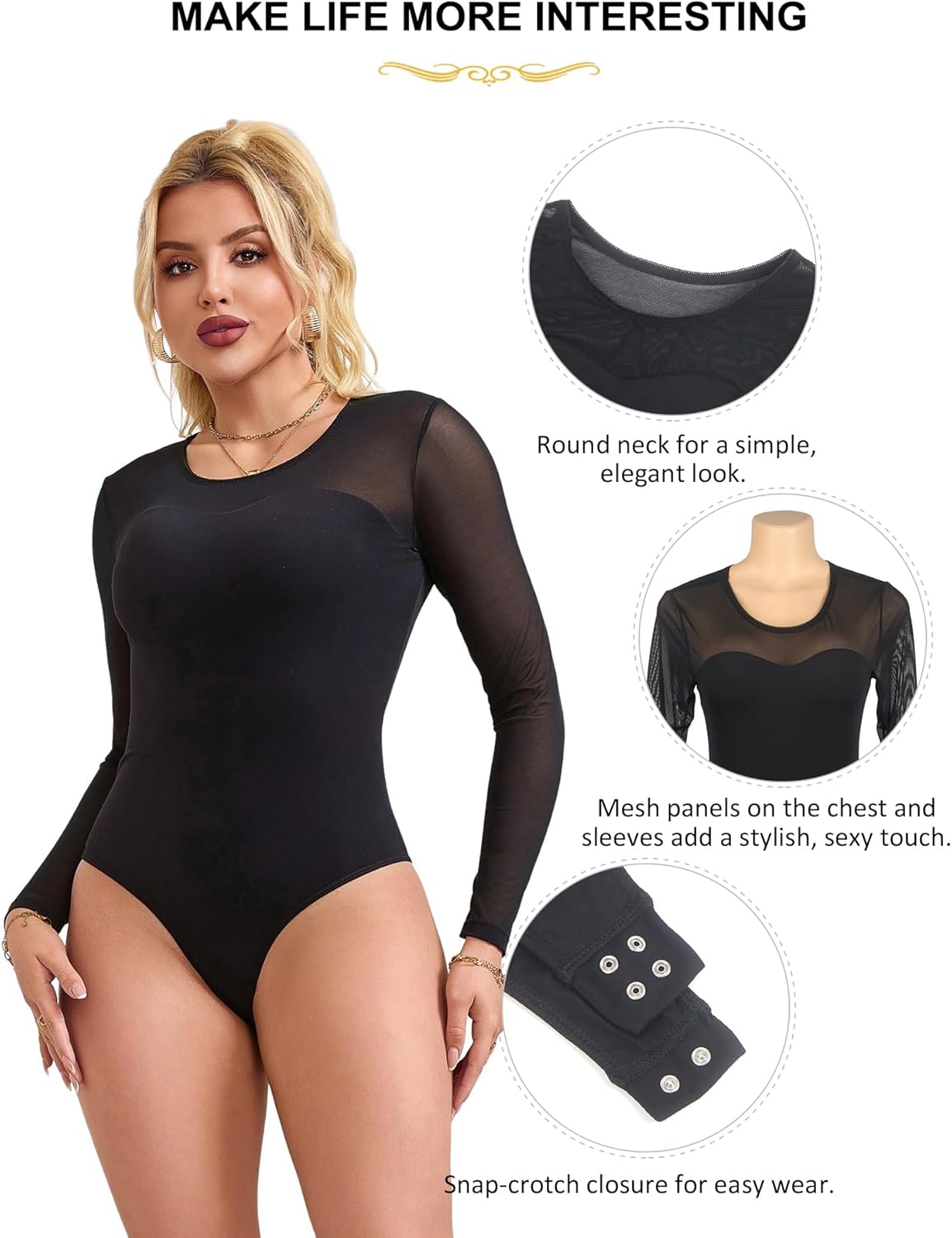 Women's Mesh Bodysuit Crew Neck Long Sleeve Body Suits Sexy Sheer Leotard Tops Black Going Out Bodysuit Tops - Image 6