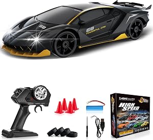RC Drift Car 1:24 Remote Control Car 4WD 15KM/H High Speed Racing Sport Car with LED Lights RC Cars Toy Cars for Kids Boys Girls Adults Gifts Birthday Christmas Rechargeable Batteries (Black)