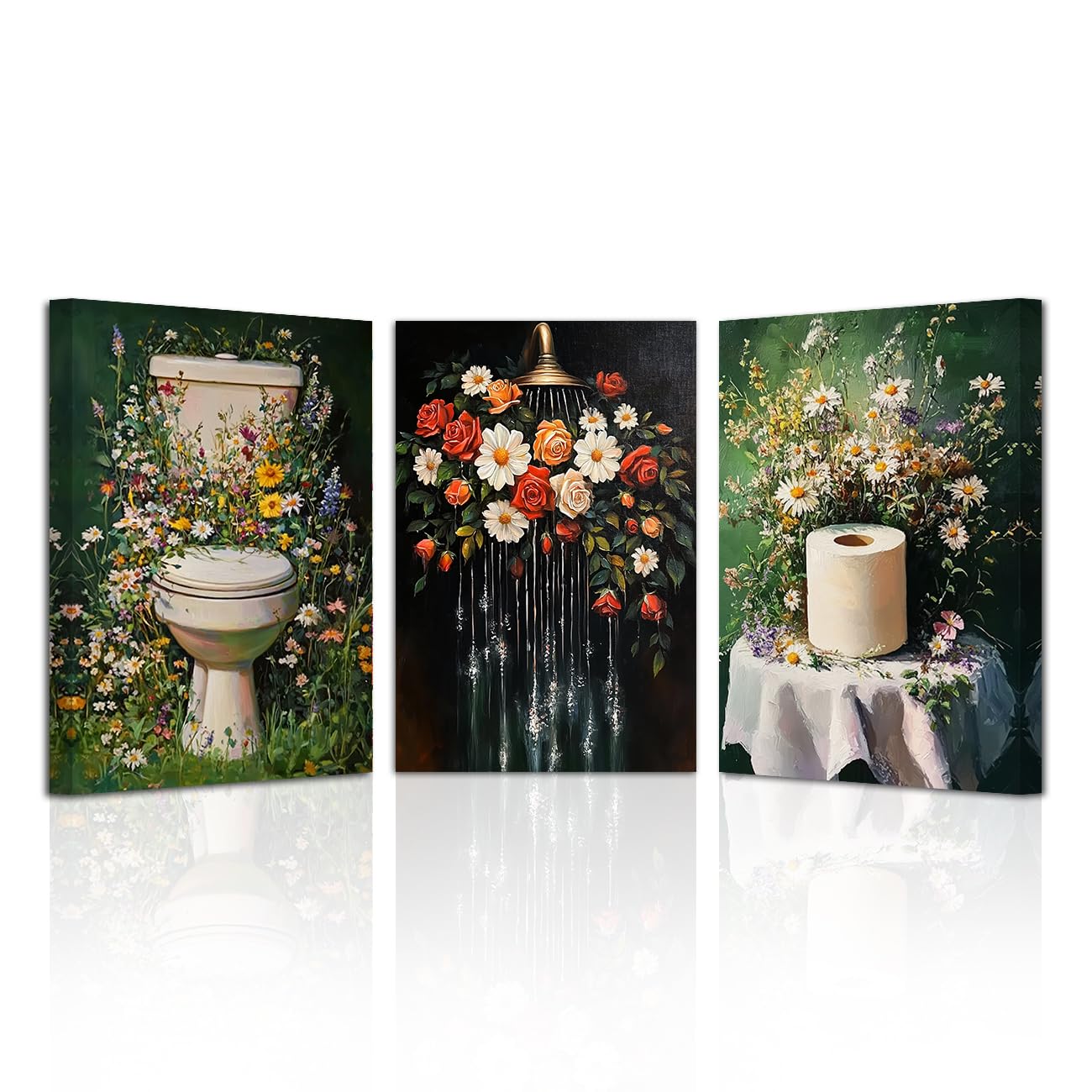 LZIMU Dark Green Bathroom Wall Art 3 Piece Vintage Floral Bathroom Painting Wildflowers Canvas Art Green Plant Pictures Restroom Decor Framed (White, 12x16inchx3 Pieces)
