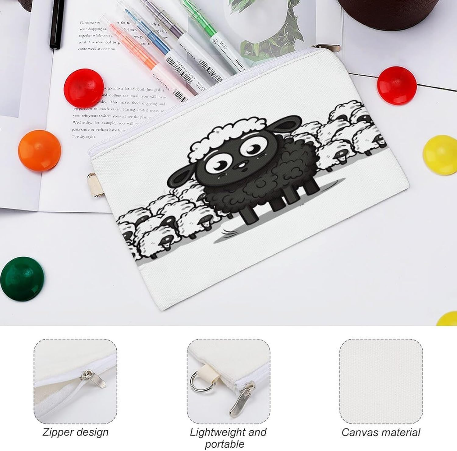 Cartoon Black White Sheep Coin Purse Zero Wallet with Zipper Canvas Coin Pouch Change Purse Pouch Coin Wallet Coin Bag