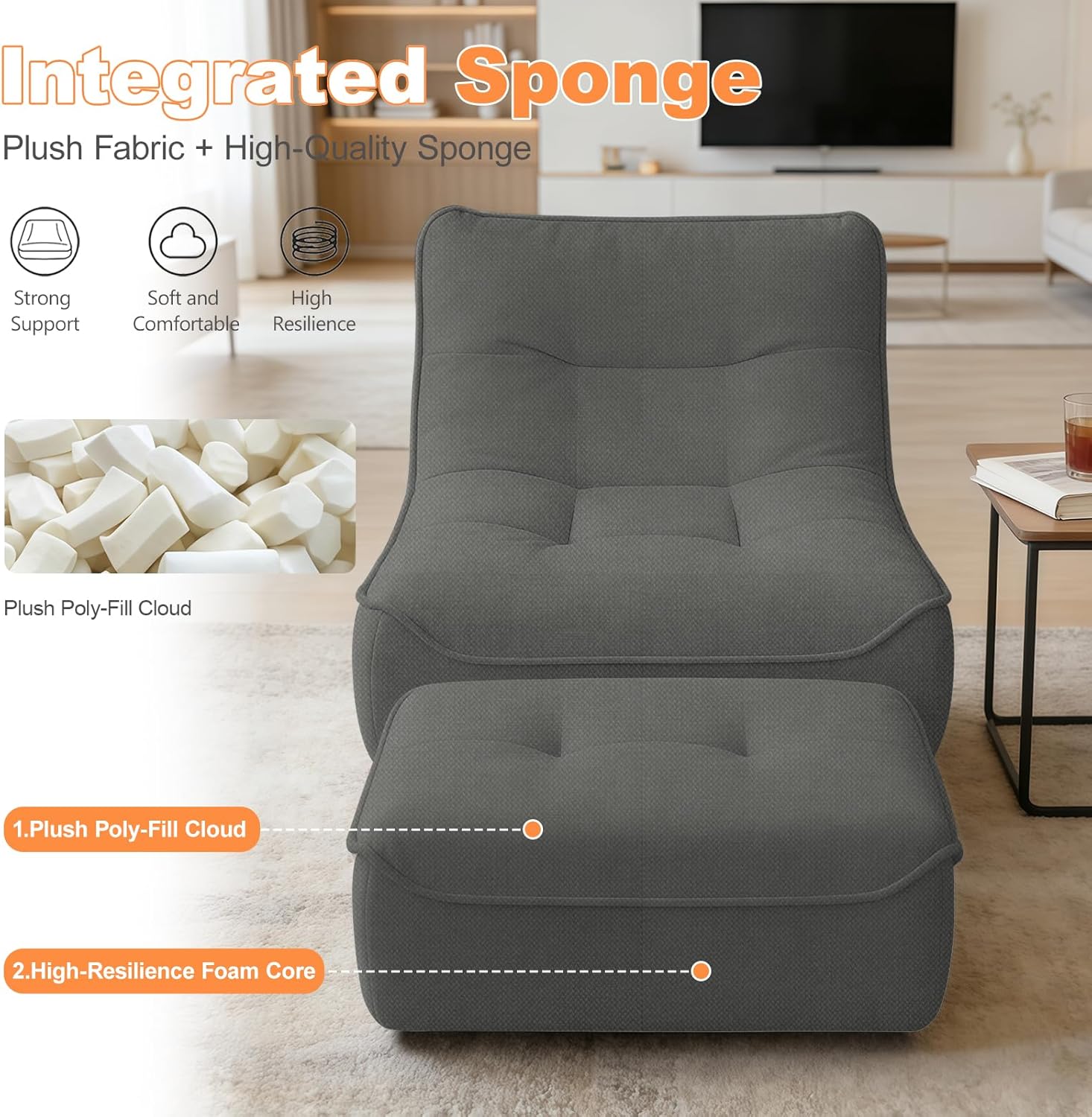 Large Bean Bag Chair with Ottaman for Adults, Chaise Lounge for Reading, Gaming, Lazy BeanBag Floor Sofa with Memory Foam Filled for Study Bedroom Living Room, Deep Grey