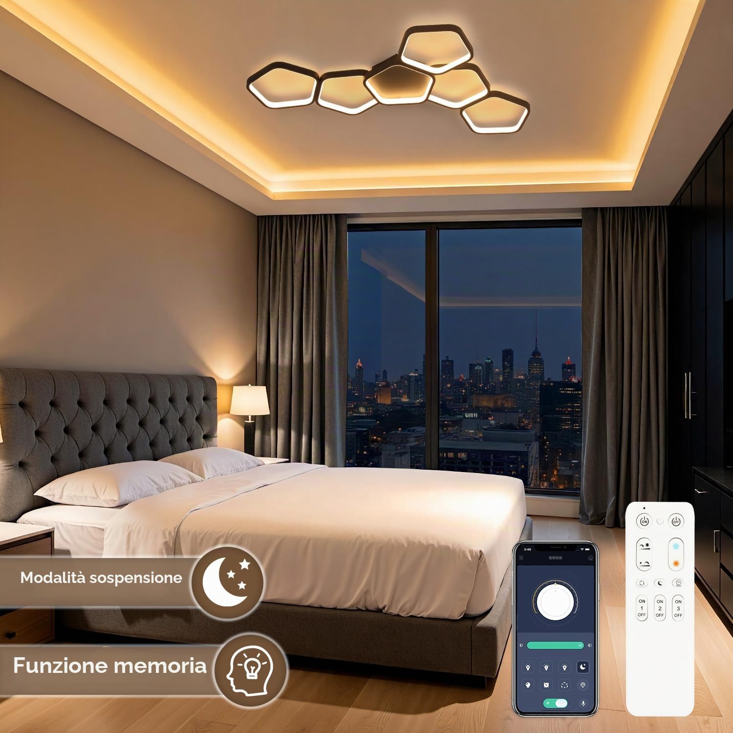 Plafoniera LED Soffitto 90cm Dimmerabile 3000K-6500K, con Telecomando e APP, Lampadario Moderno Nero per Camera da Letto, Soggiorno, Cucina e Sala da Pranzo, Funzione Memoria e Luce Notturna