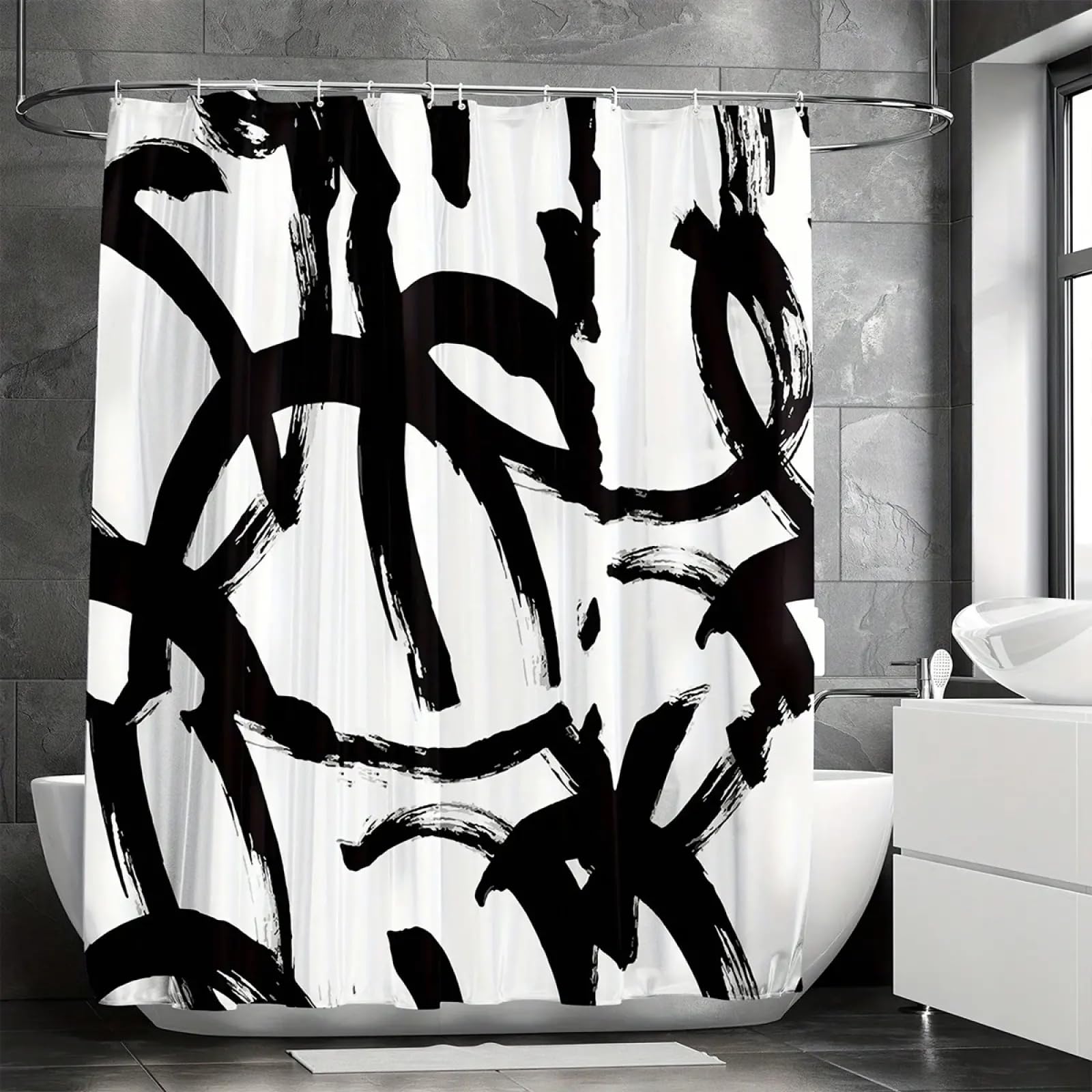 Artistic Line Schwarz-Weiß-Duschvorhang, wasserdichter Stoff, Baht-Trennvorhang mit Haken, 235 x 180 cm (B x L), 180 cm Länge