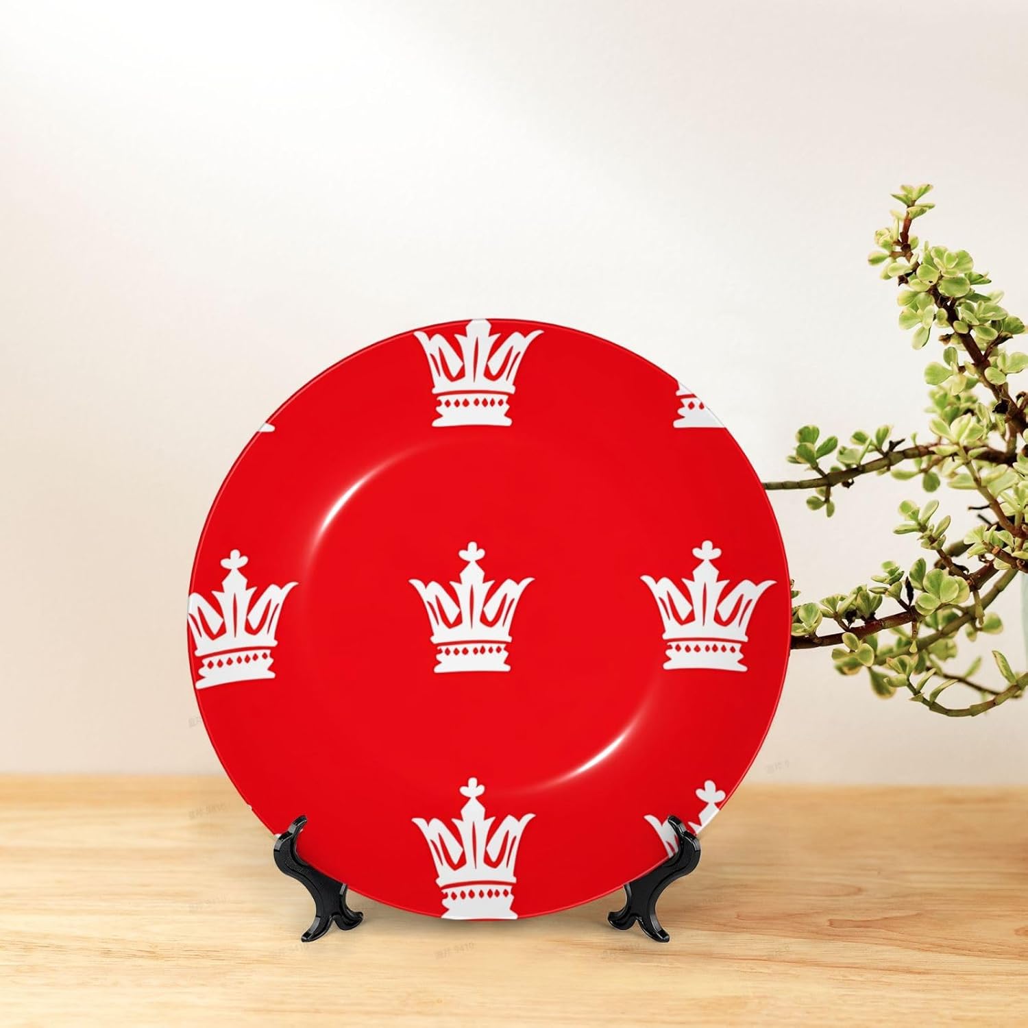 Red Crown Style Ceramic Plate Display Home Display With Stand Wall Hanging Plate For Home Decor 10 Inch