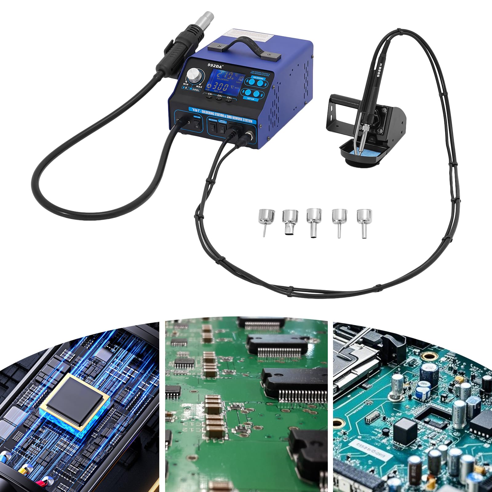 992DA+ Heißluft Lötstation, 3-in-1 Entlötstation mit LCD Bildschirm und 5 Heißluftdüsen, Einstellbarer Temperatur und Luftvolumen, Kaltluft/Warmluft Auto Start/Stop