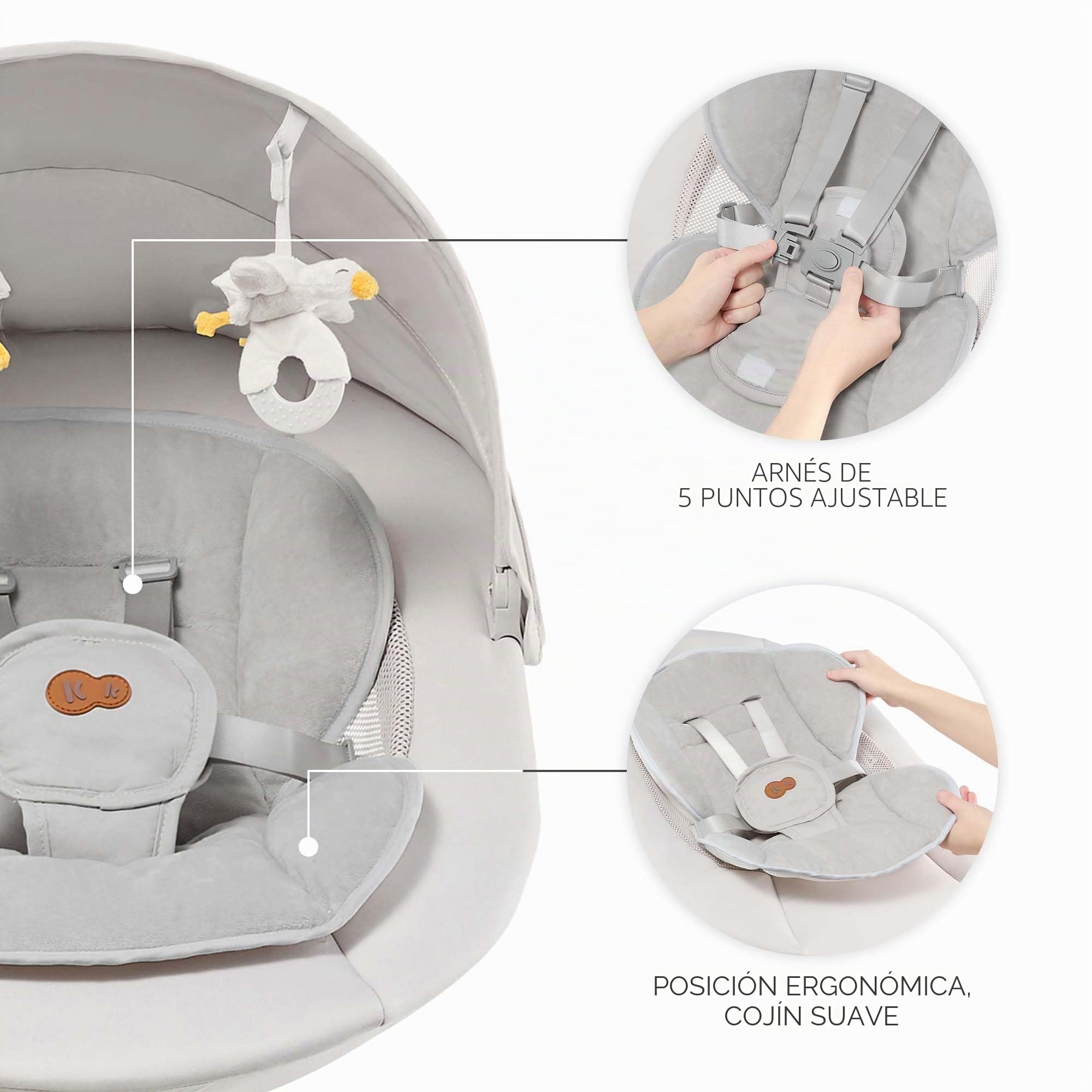 Kinderkraft TULSY Balancín eléctrico para bebé, 5 niveles de intensidad, silla saltante para bebés, 12 melodías preestablecidas, juguetes desmontables, ajustable, ligero, Bluetooth y USB, arnés de 5