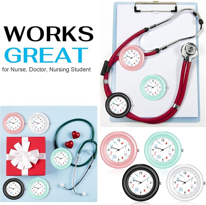 Janmercy 4 Pcs Stethoscope Watch Clip on Pocket Watch with Second Hand