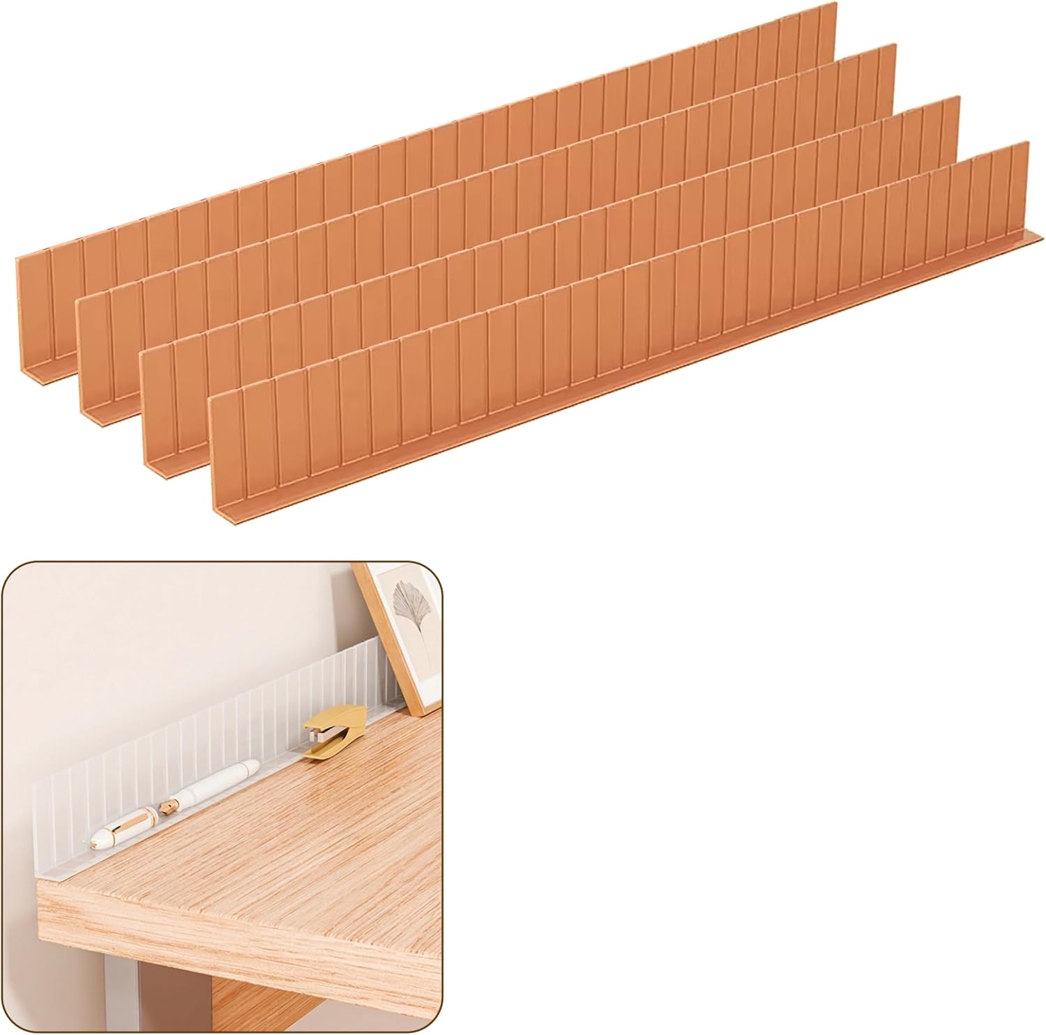 Anti-Fall Shelf Edge Guardrail for Mirror Cabinet & Vanity, 15.7" Cut-to-Size Plastic Barrier, Adhesive Edge Protector for Bathroom,Desk, Stops Items from Falling into Gap (4, Deep Walnut)