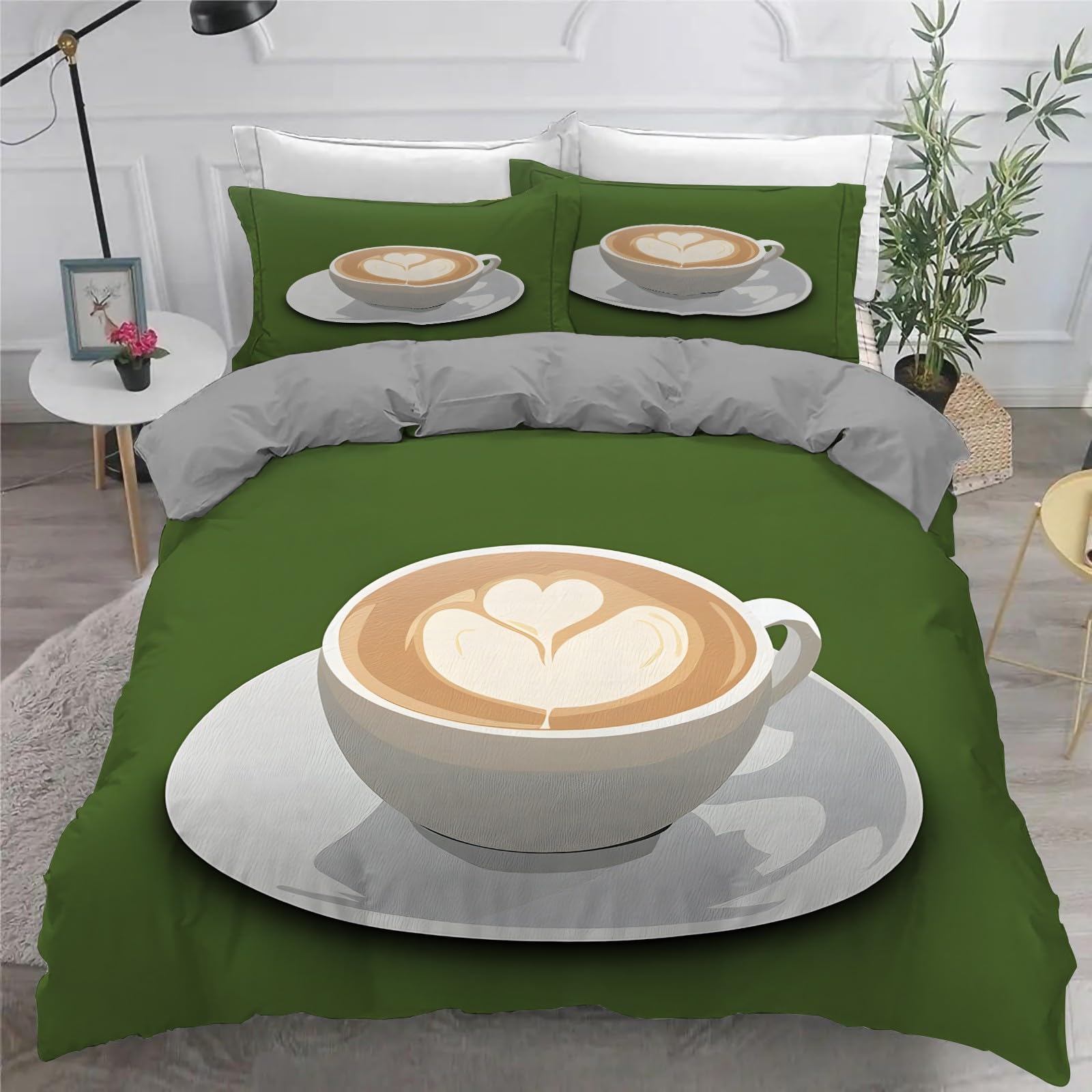 Filiżanka do kawy Super King Zestawy poszewek na kołdrę, w kształcie serca latte art dwustronny zestaw pościeli, 2 poszewki na poduszki 50 x 75 cm z zapięciem na zamek błyskawiczny