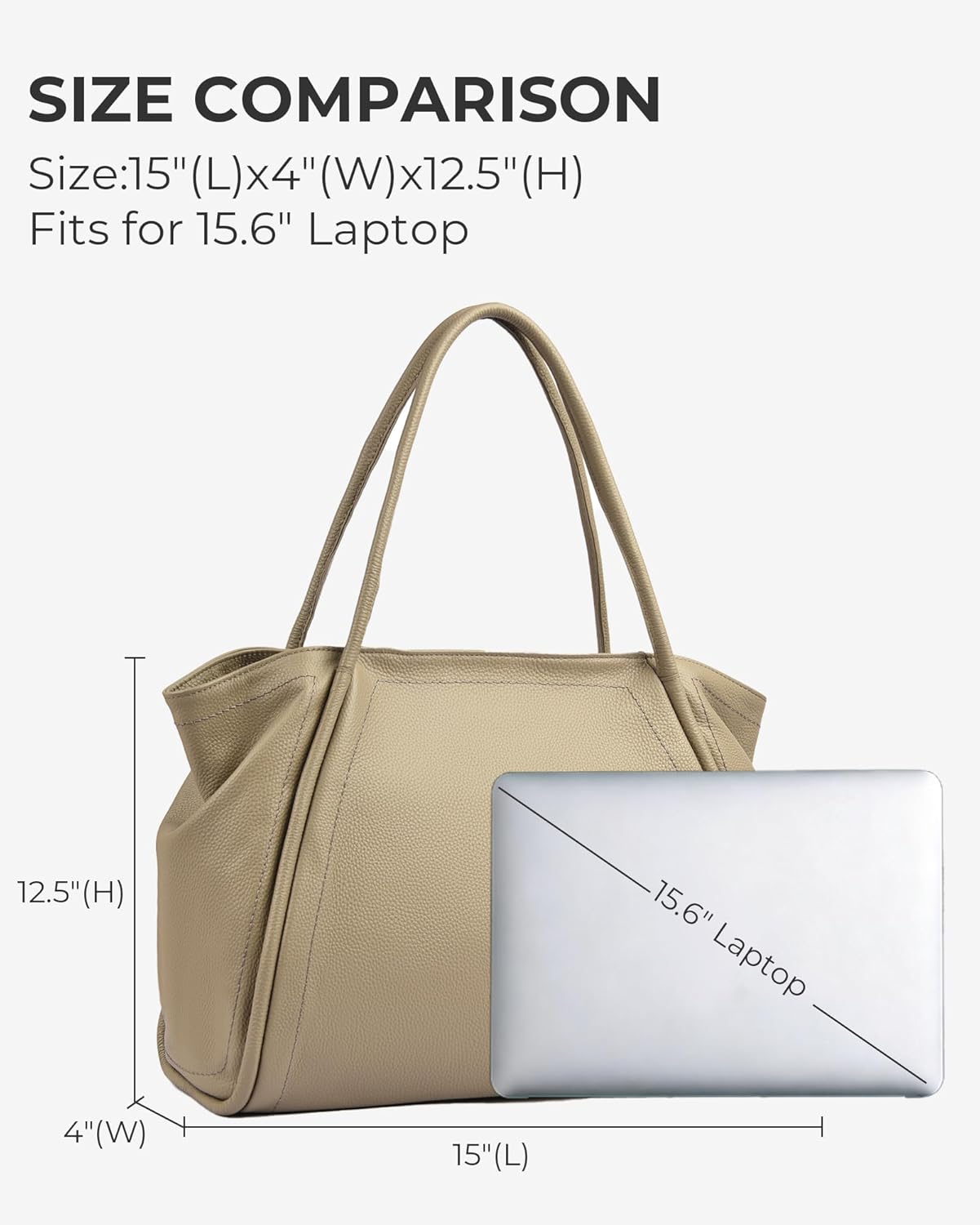 Genuine Leather Tote Bag for Women, Pebbled Work Shoulder Bag Fits 15.6-inch Laptop, Large Capacity Handbag with Zipper