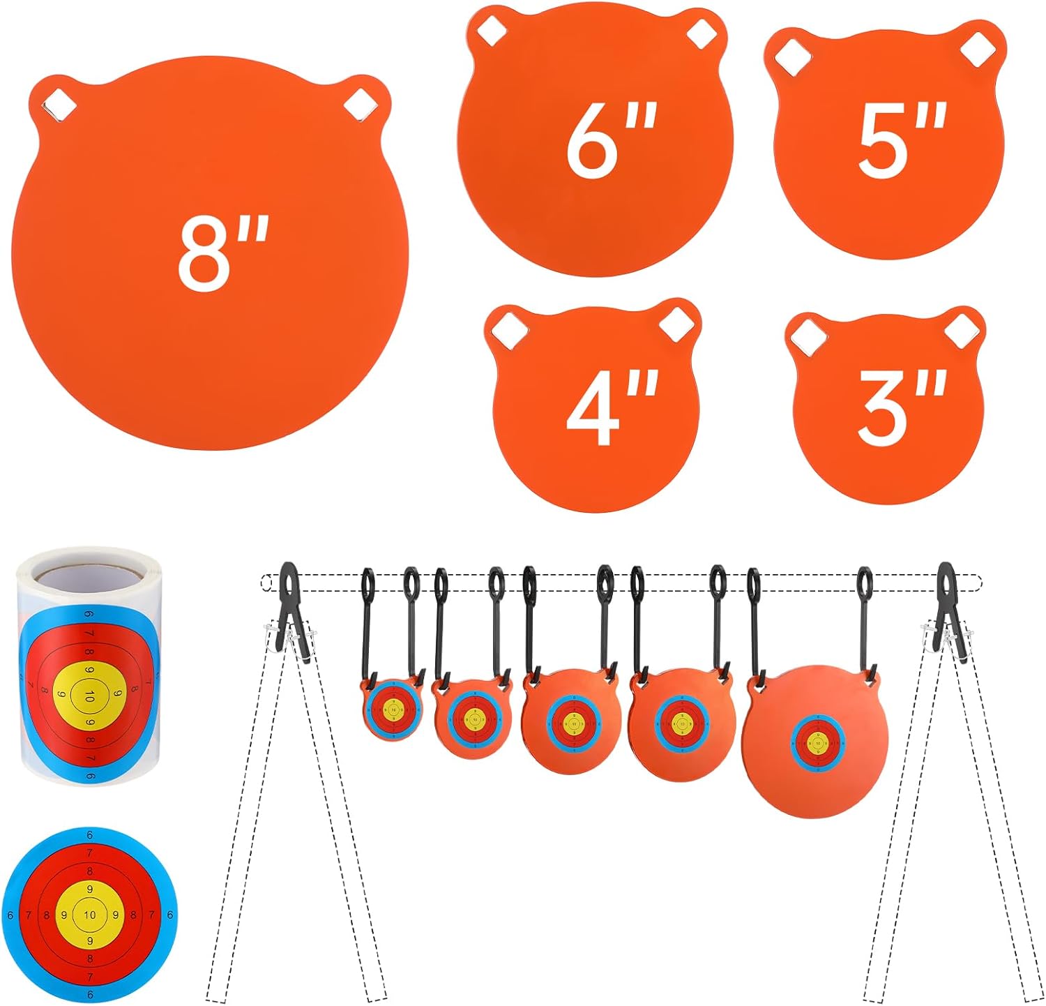 Soulchen 1/2 3/8 Inch Thick Ar500 Steel Target Combo Set, Gong with 100 Paper Targets & Hanging Kit, Neon Color, Hooks, Lock Pins, Leg Brackets for 1 Inch Od EMT Conduit