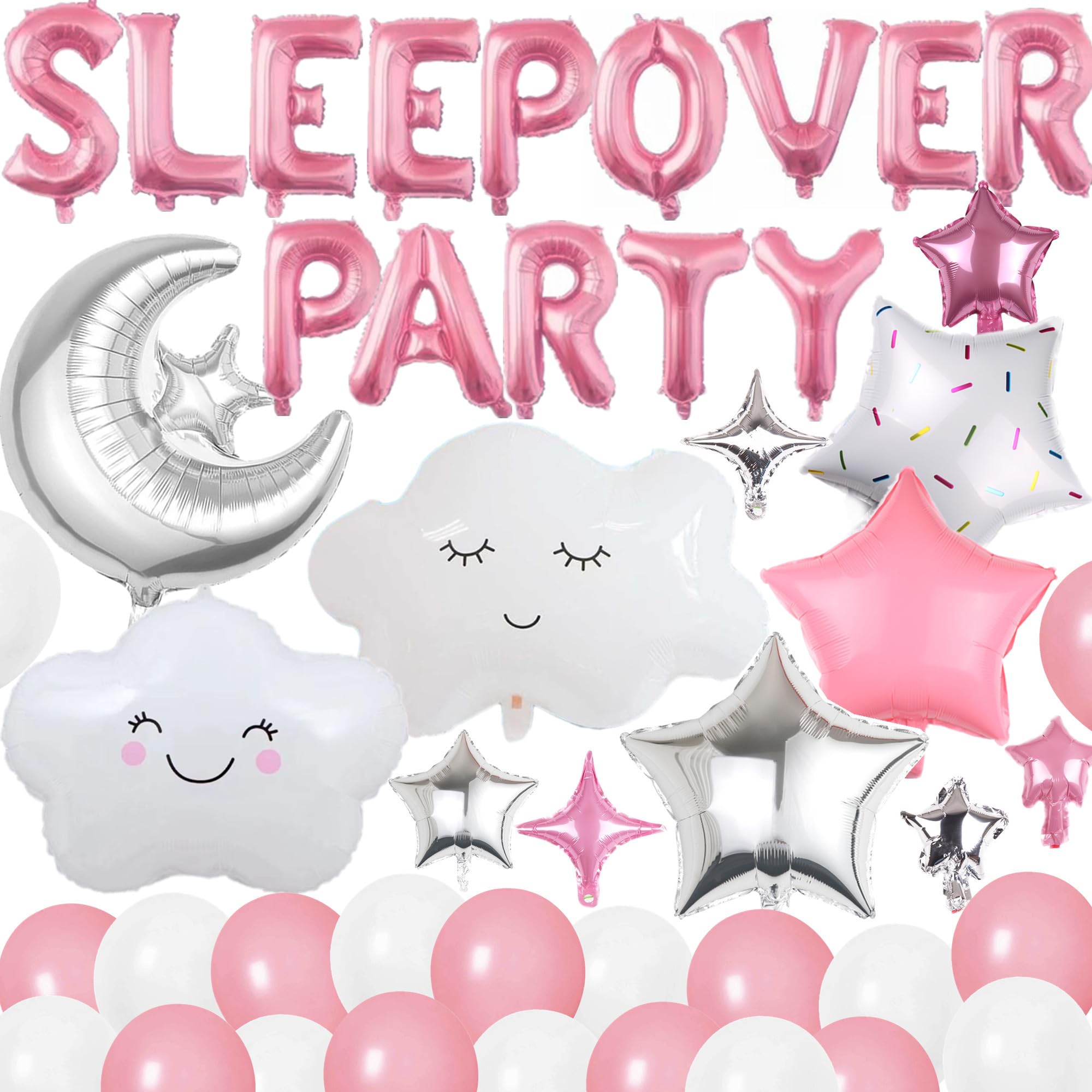 DUFACAI47 Pieces Sleepover Party Decoration Pink Sleepover Birthday Party Balloons Banner Cute Moon Star for Girls Pajamas Slumber Party Night Out Party Decoration (Pink)