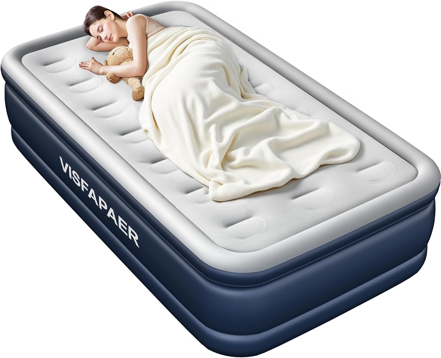 Twin Air Mattress with Built in Pump Raised, 18'' High Inflatable Mattress Electric Blow Up Mattress Fast Blow Up Bed Tall Comfortable Airbed for Camping, Home Guests, Travel w/ Storage Bag 550Lbs Max Blue Twin