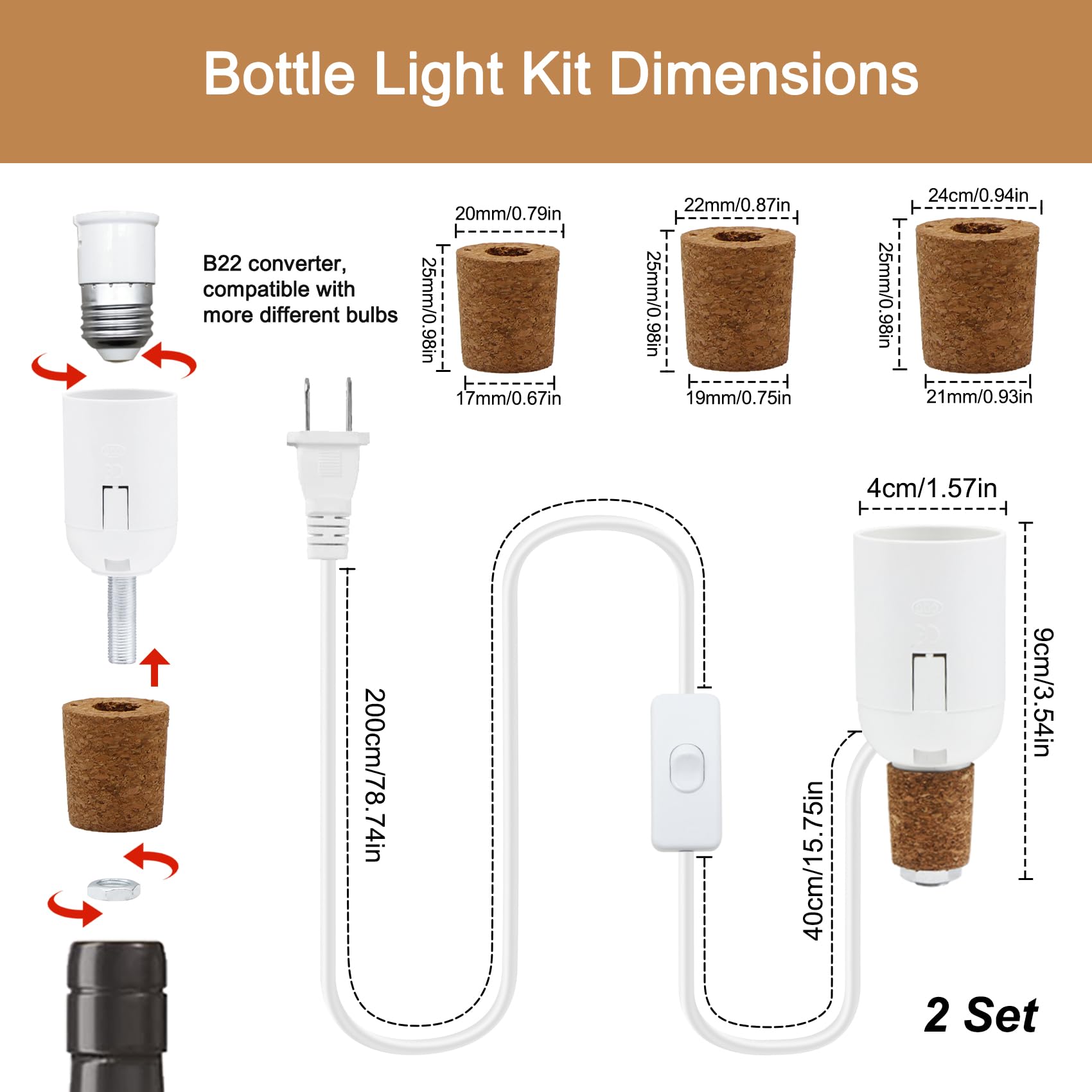 B22 Kit Lampe Bouteille 2PCS - Câble 240 Cm, Douille E27 + Convertisseur B22, 3 Bouchons Liège Pour Lampe DIY Bouteille De Vin