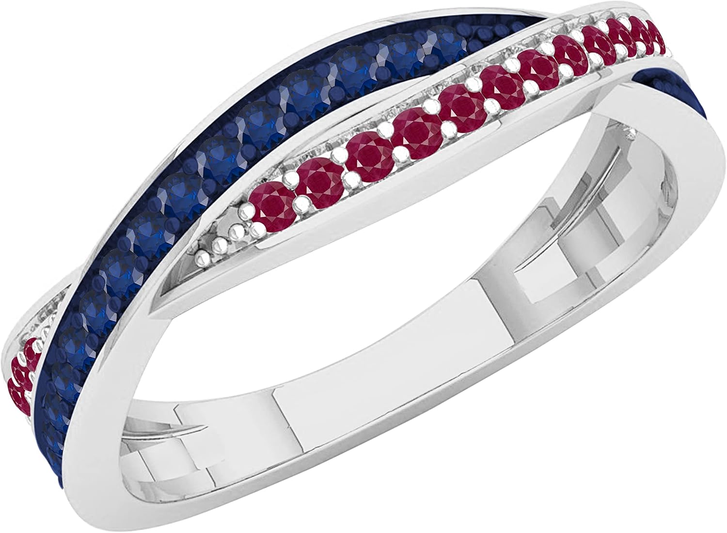 Dazzlingrock Collection Round Blue Sapphire & Ruby Timeless Halfway Criss-Cross Intertwined Vintage Style Wedding Ring for Women, Available in 18K Solid Gold