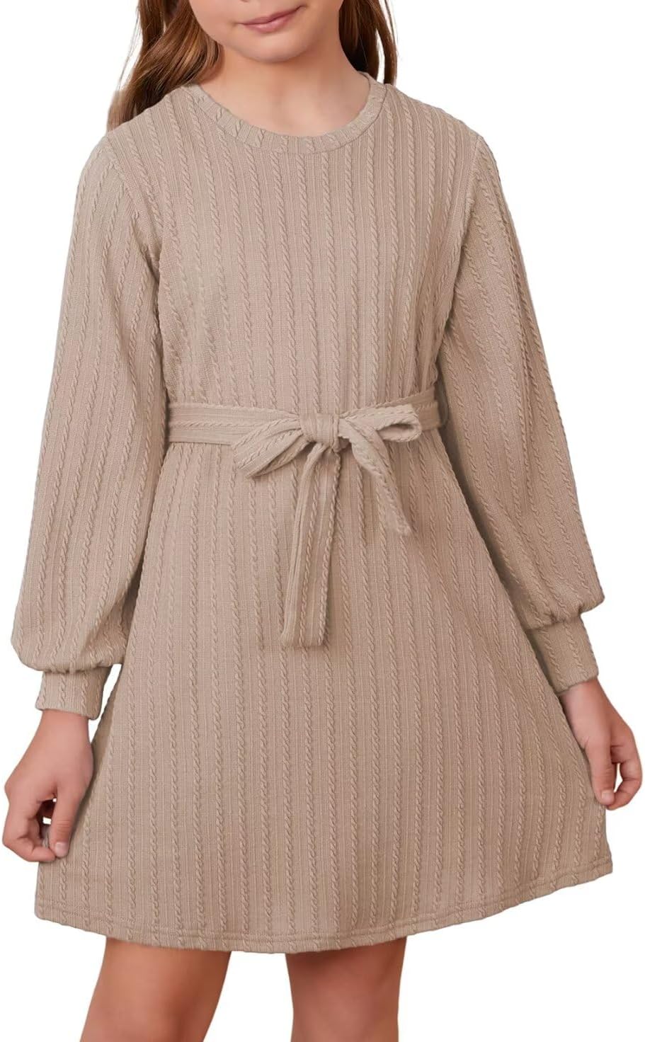 Girls Fall Long Sleeve Textured Dress Casual Crewneck Belted A Line Dresses 7-15 Years