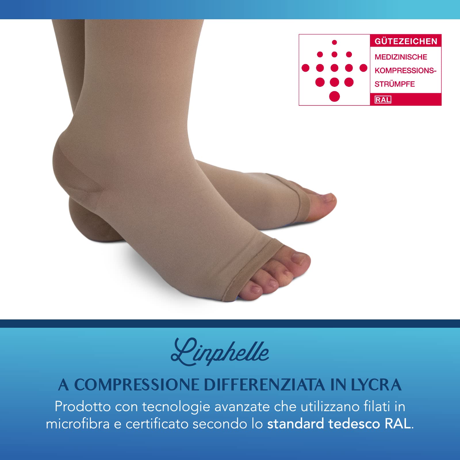 Gambaletto Terapeutico Classe 2 a Compressione Graduata, Calza Elastica Contenitiva a Punta Aperta, 280 Den, Beige, Taglia 1
