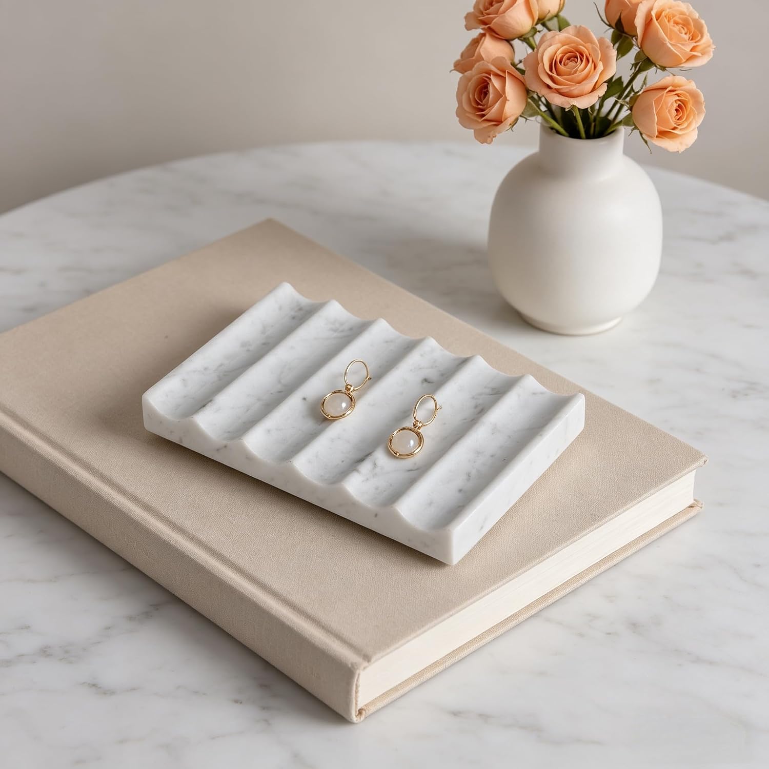 Soap Holder, Luxury Marble Soap Dish for Shower, Bathroom Tray with Creative Wavy Design,Easy Cleaning Marble Tray for Kitchen Sink
