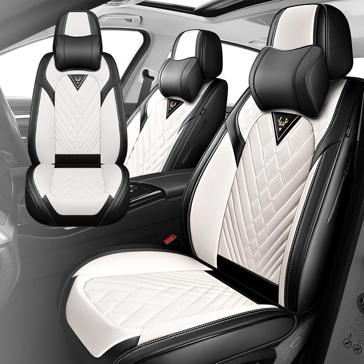 Fit for 97% of GMC Seat Covers, Fashion Sport Seat Cover with Waterproof Leather, Airbag Safe Design Seat Protector (5 Full Seat Luxury, Black White)