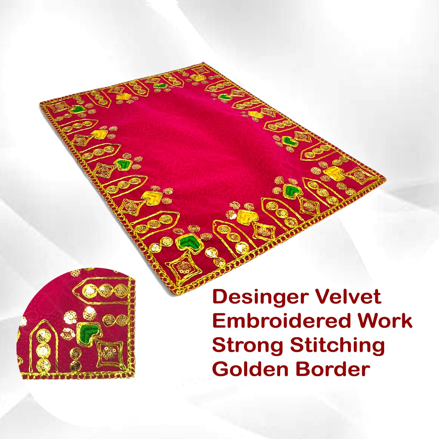 Achleshwar Designer Velvet Embroidered Pooja Aasan Cloth 20X30 inch RED | Chowki Aasan for God Idol | Mandir Table Altar Cover for Temple, Puja Shelf, Diwali Decoration Pack 0f 1 2