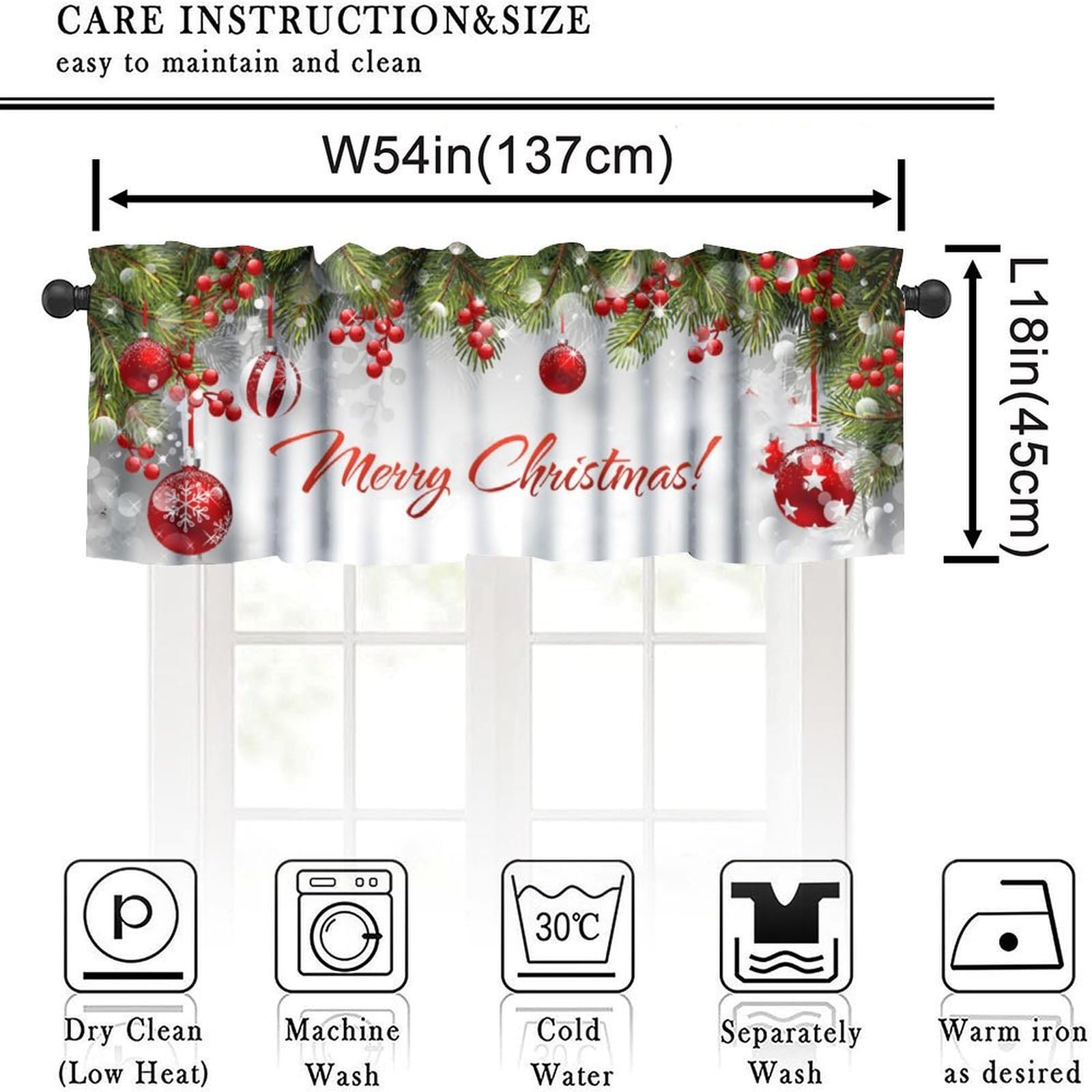 Christmas Snowflakes Kitchen Curtains Valance, Ribbon Bells Merry Xmas Holiday Window Treatment Valances for Kitchen Living Room Café Décor 54'x18', 1 Panel