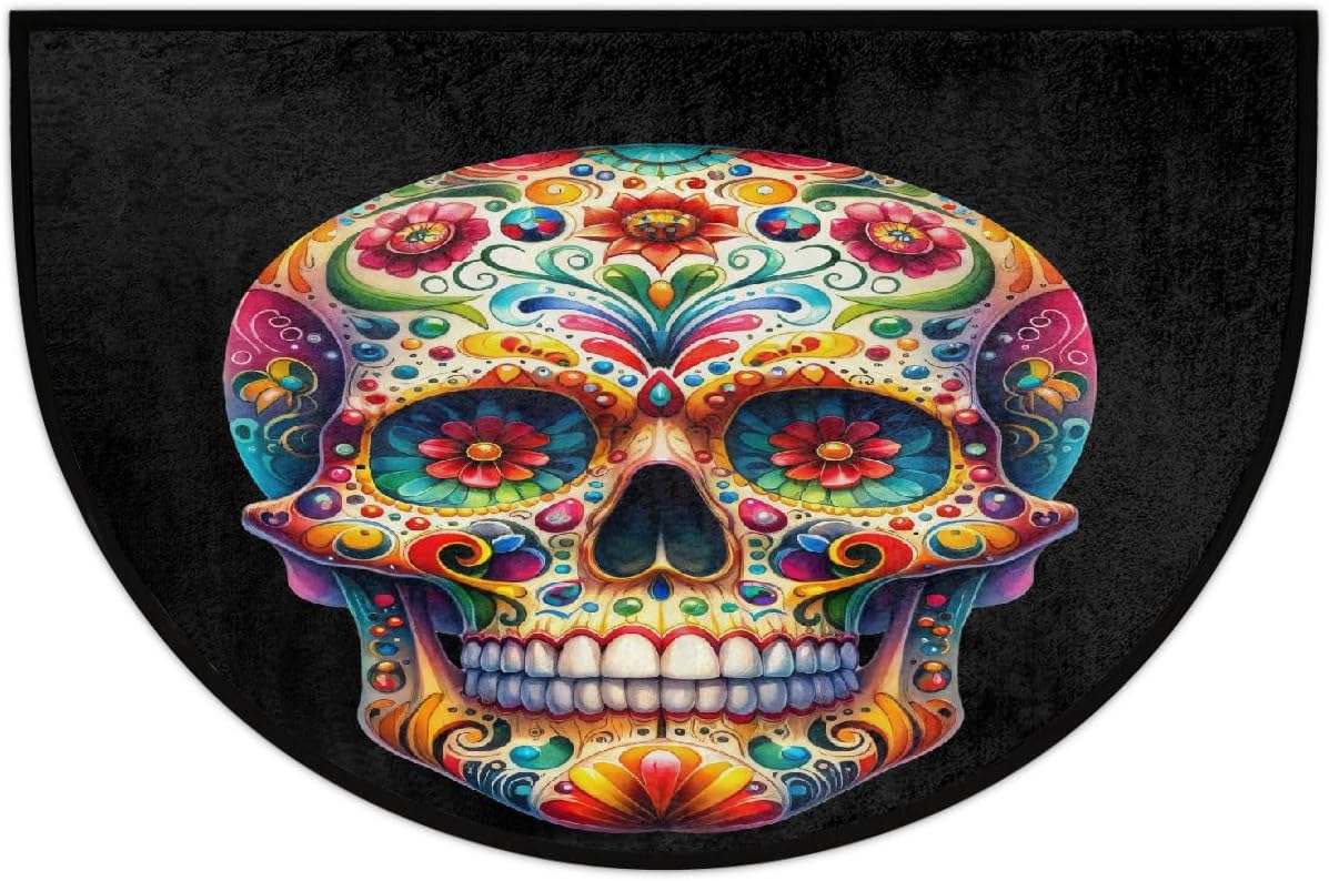 Half Round Door Mat Rainbow Skull Cool Half Moon Rug Washable Skull Flower Half Circle Area Rugs Indoor Entrance Non Slip Semi Circle Bathroom Rugs for Kithen Bedroom Fireplace Decor