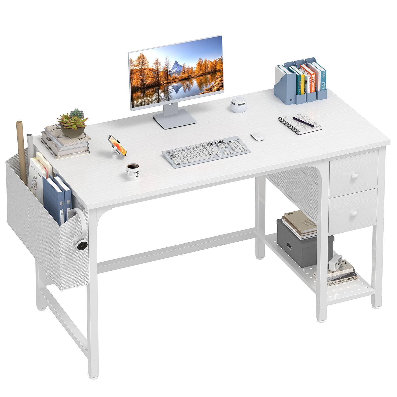 Lufeiya White Small Desk with Fabric Drawers, 47 Inch Computer Desk for Small Space Home Office, Modern Simple Study Writing Table PC Desks, White