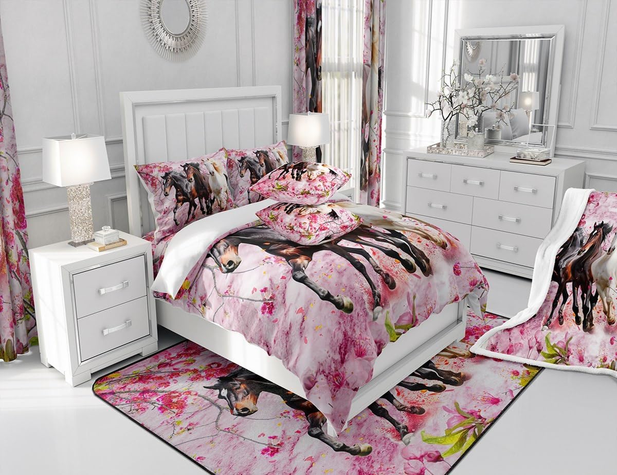 Feelyou Kids Horse Area Rug Galloping Horse Living Room Rugs 3x5 for Boys Girls Teens Bedroom Decor Cherry Blossoms Decorative Carpet Set Pink and White Indoor Floor Mat