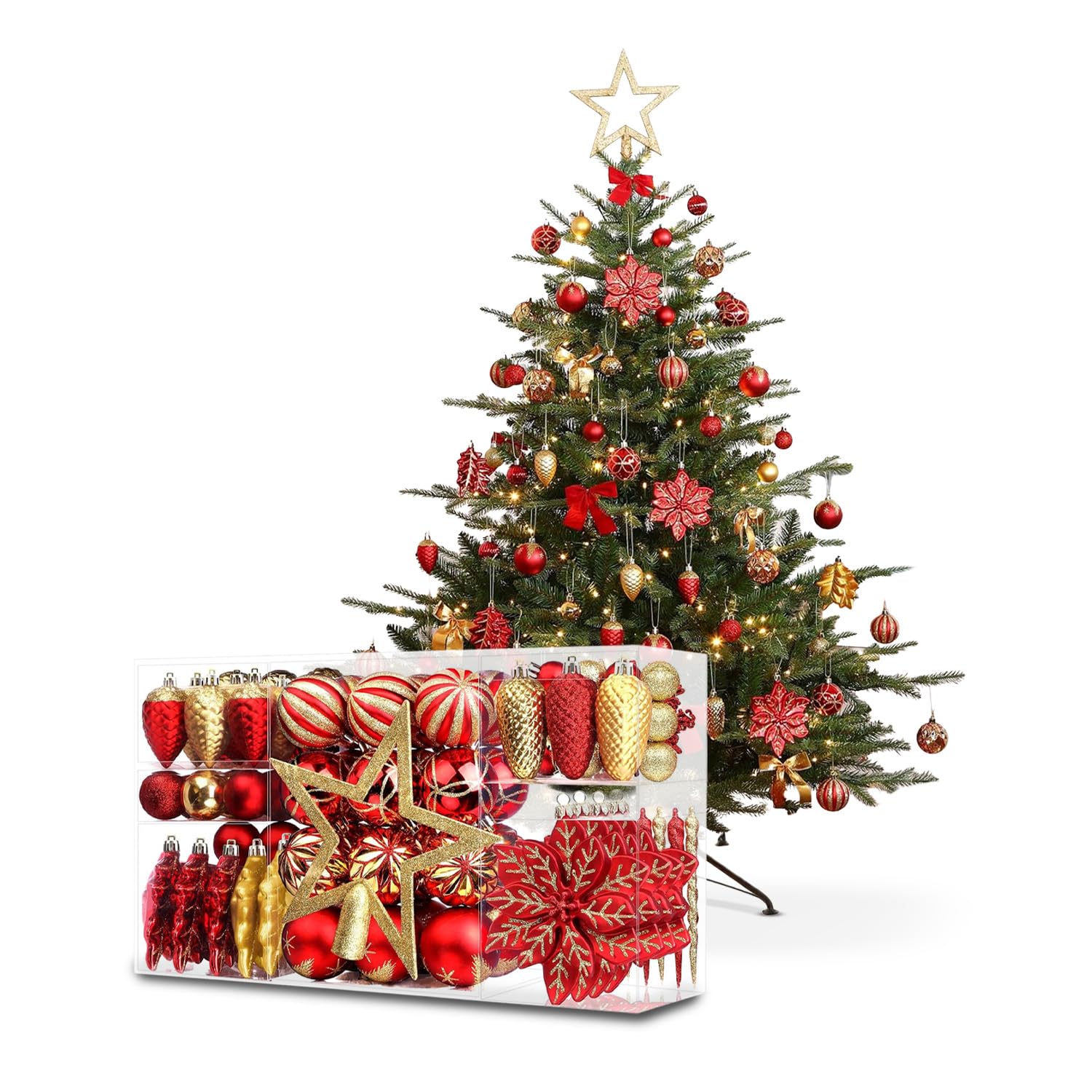 Wintem Lot de 106 décorations d'arbre de Noël en Rouge et Or avec balles, Fleurs et étoiles incassables pour décorations de Noël coordonnées, faciles à accrocher et à réutiliser