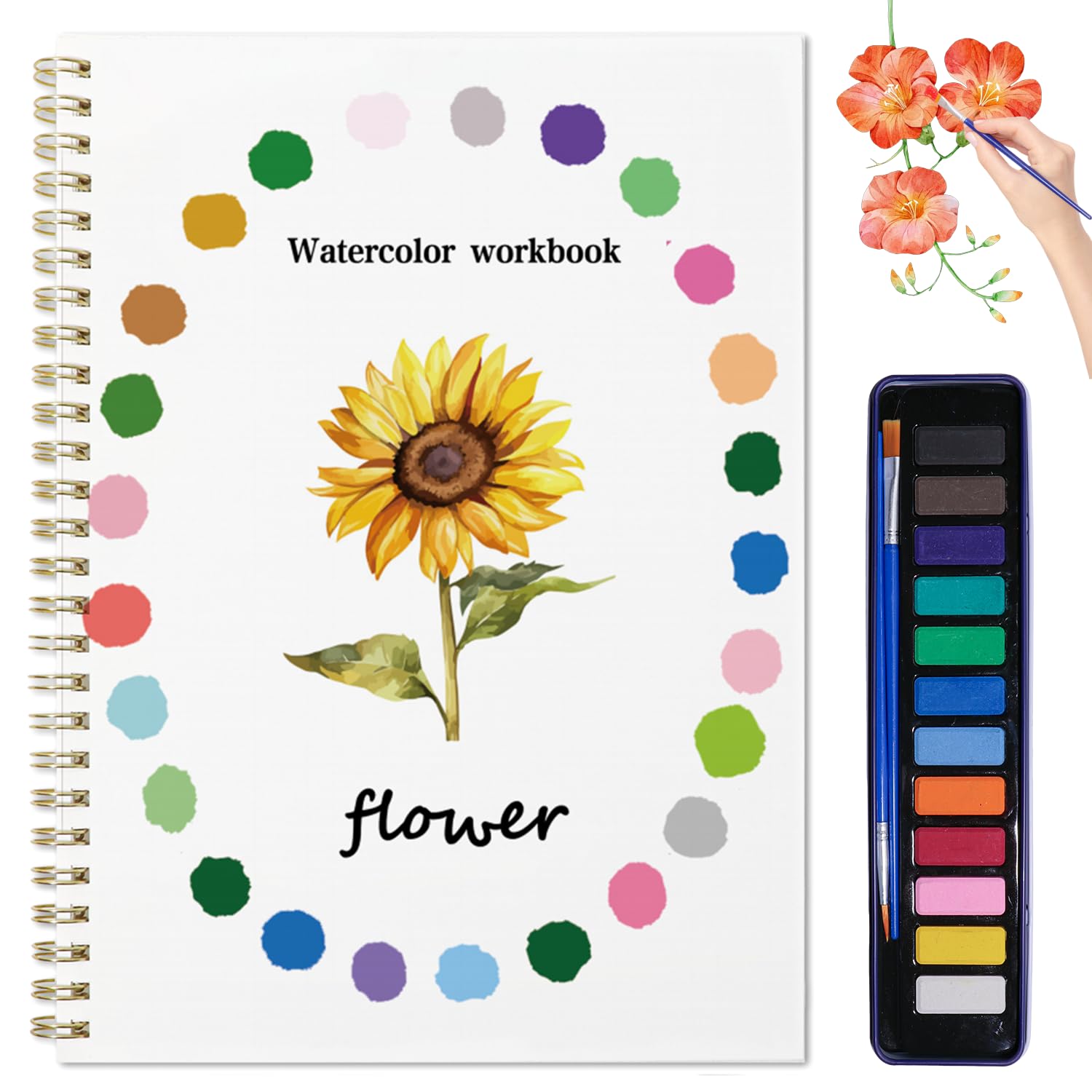 Beginner-Friendly Animals Watercolor Workbooks, 12 Colors Watercolor Paint Set with Paint Brush, Beginner-Friendly Watercolor Painting Kit（Flowers）