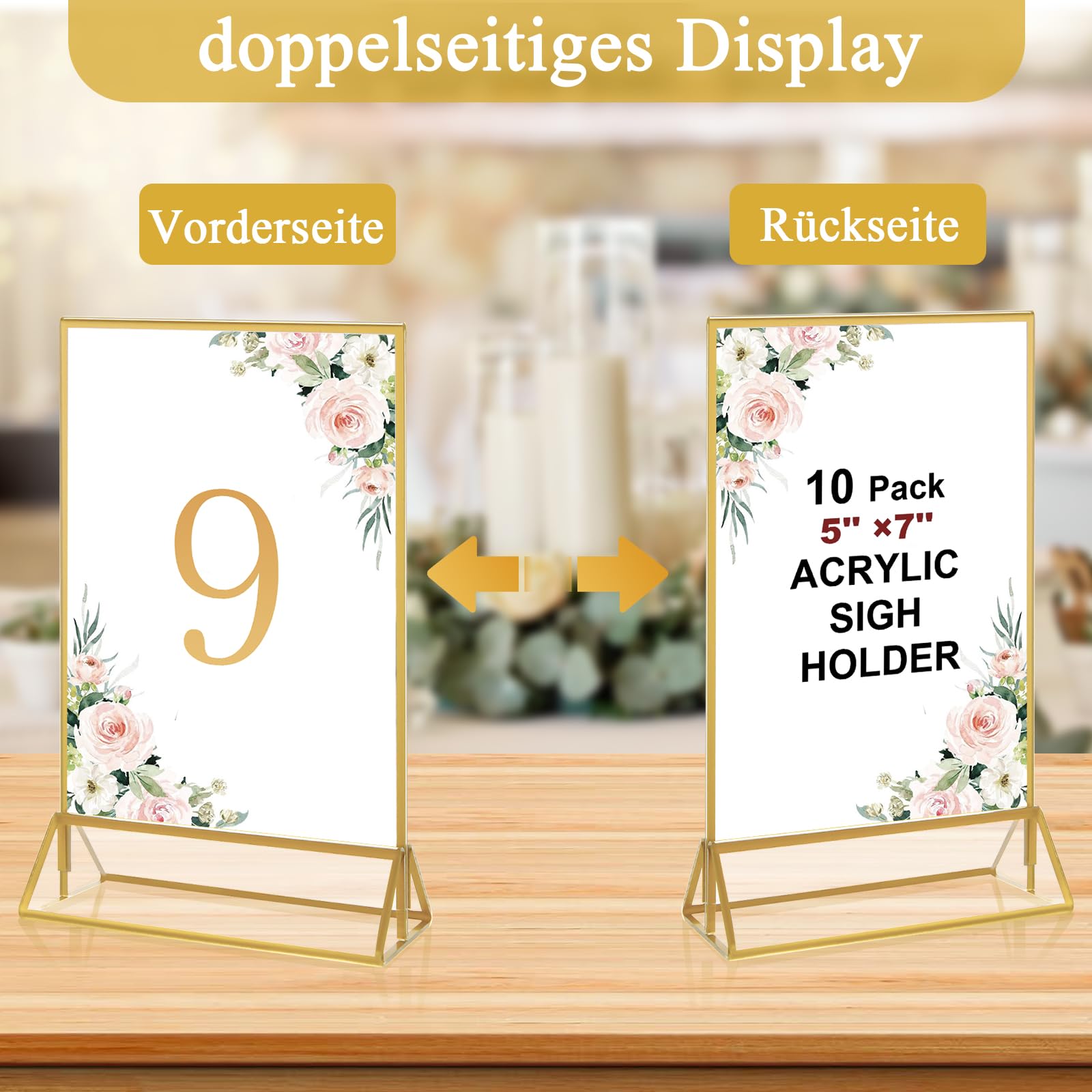 10 pezzi Espositori da tavolo A6, cornice dorata in acrilico, supporto a T, supporto promozionale, segnaposto in oro, per numeri da tavolo, menù per matrimonio, menù